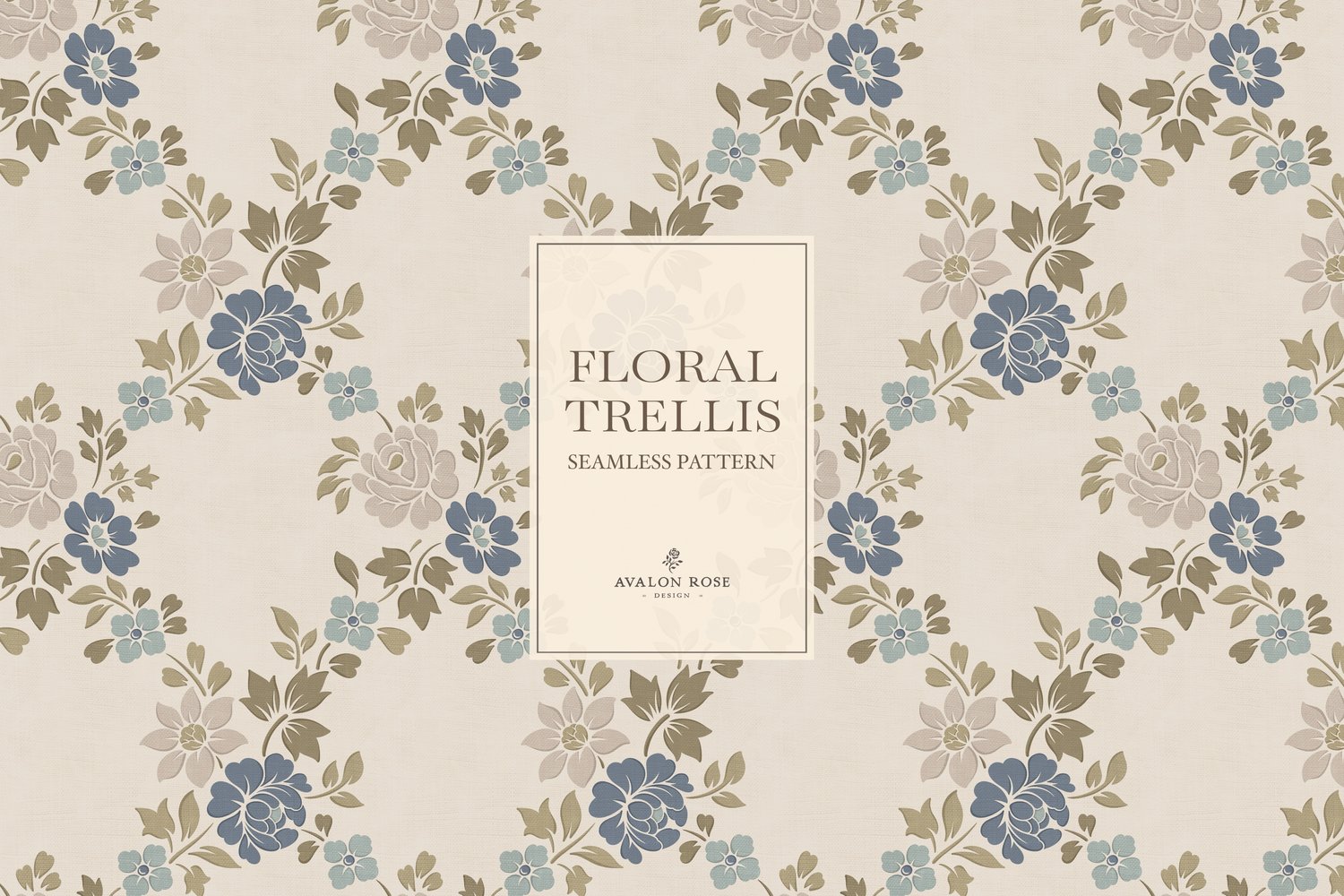 Vintage-inspired farmhouse style seamless surface pattern featuring a hand-drawn floral and leaf trellis in blue and green