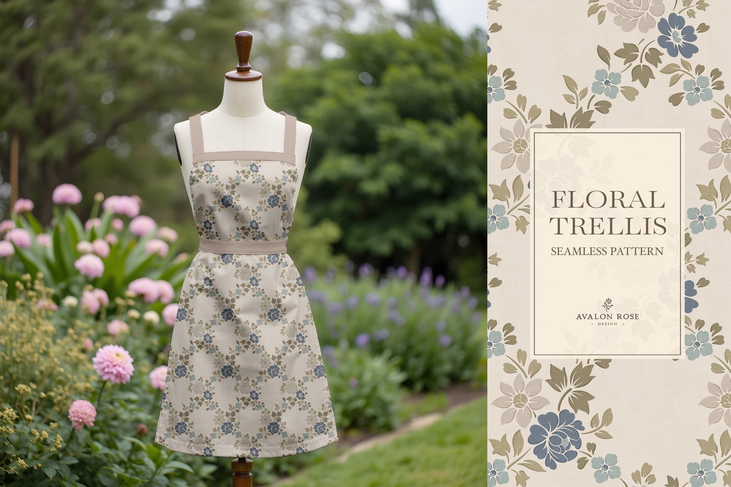 Vintage-inspired farmhouse style seamless surface pattern featuring a hand-drawn floral and leaf trellis in blue and green