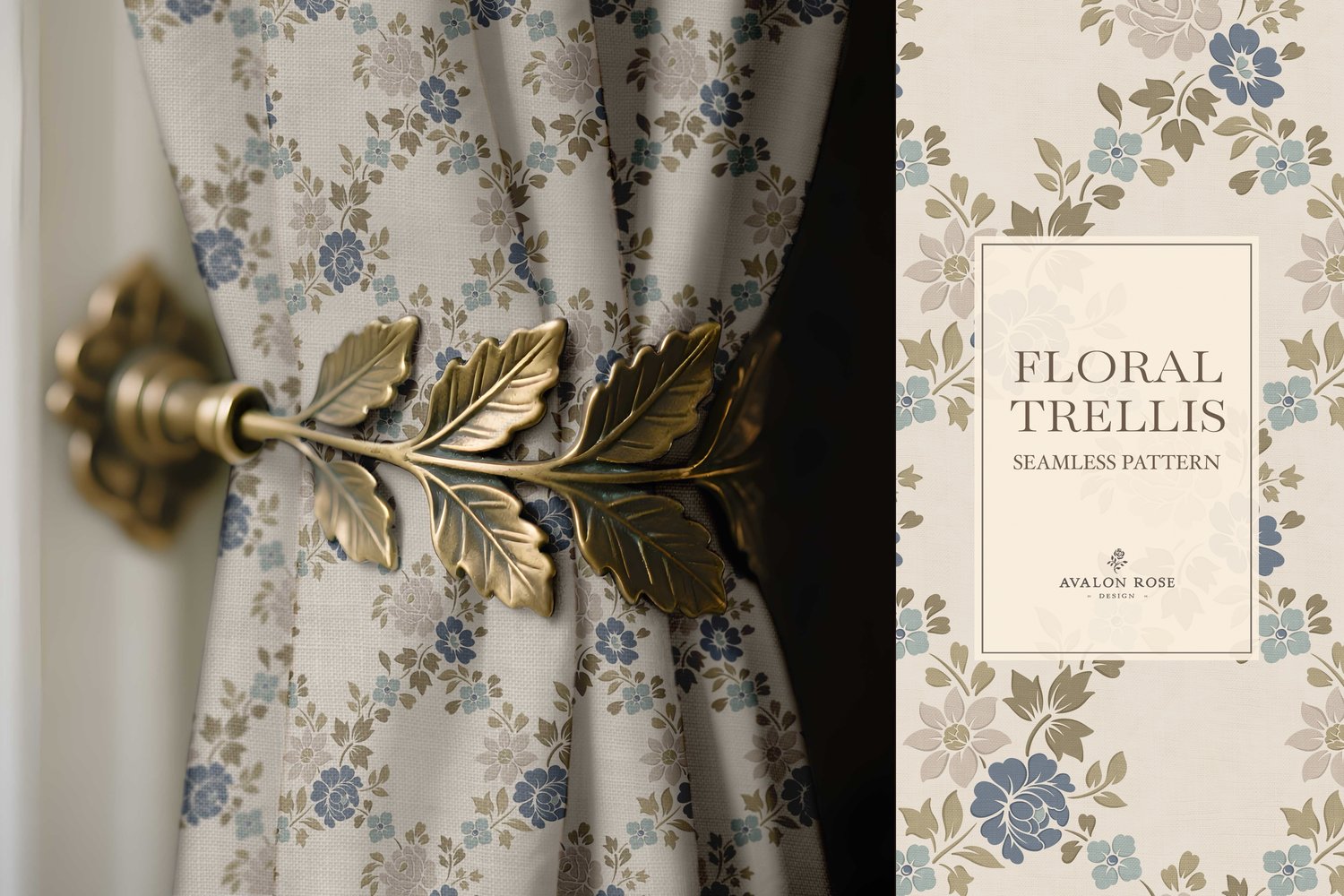 Vintage-inspired farmhouse style seamless surface pattern featuring a hand-drawn floral and leaf trellis in blue and green