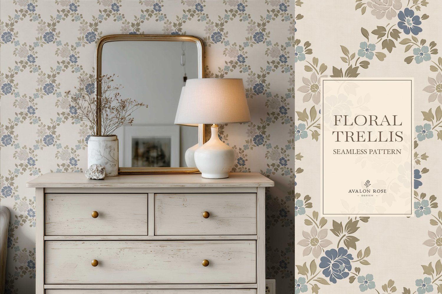 Vintage-inspired farmhouse style seamless surface pattern featuring a hand-drawn floral and leaf trellis in blue and green