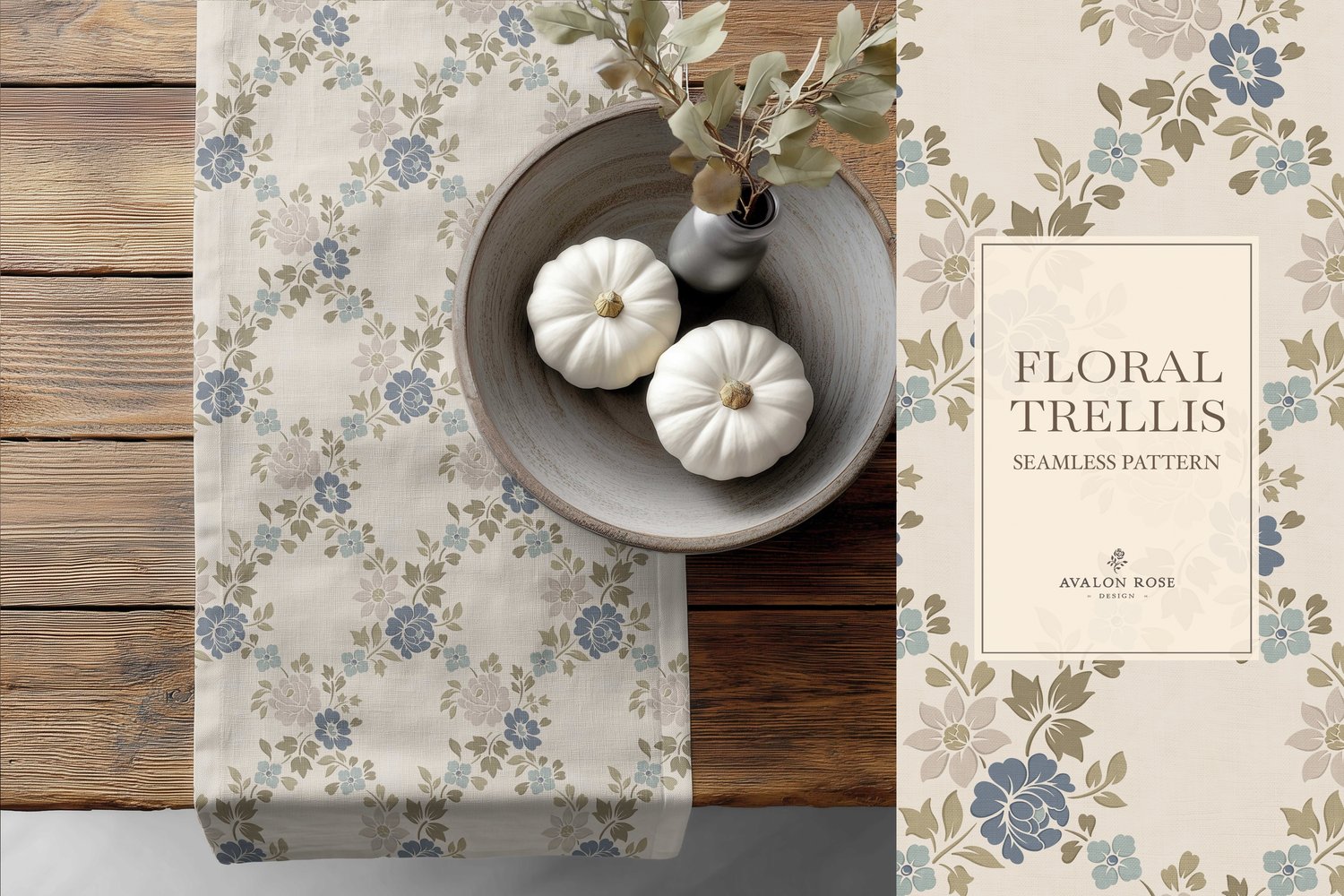 Vintage-inspired farmhouse style seamless surface pattern featuring a hand-drawn floral and leaf trellis in blue and green