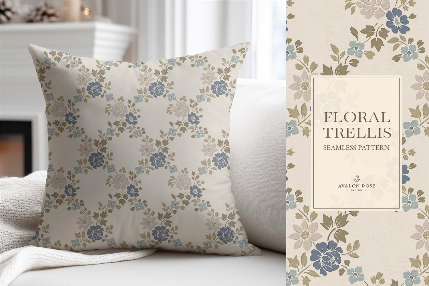 Vintage-inspired farmhouse style seamless surface pattern featuring a hand-drawn floral and leaf trellis in blue and green