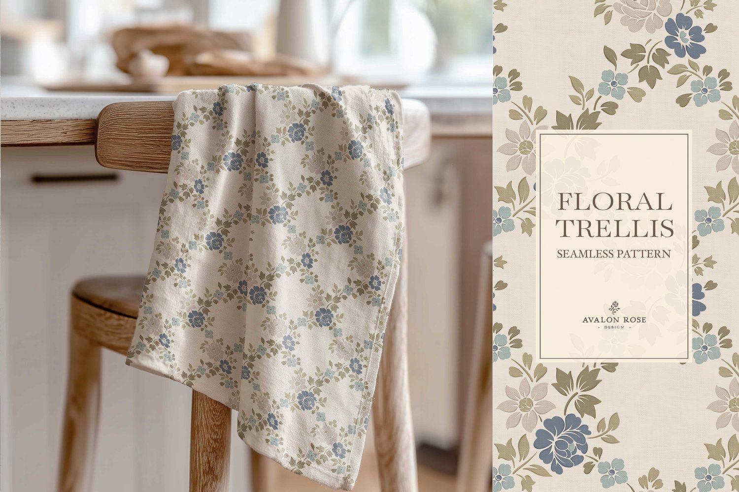 Vintage-inspired farmhouse style seamless surface pattern featuring a hand-drawn floral and leaf trellis in blue and green