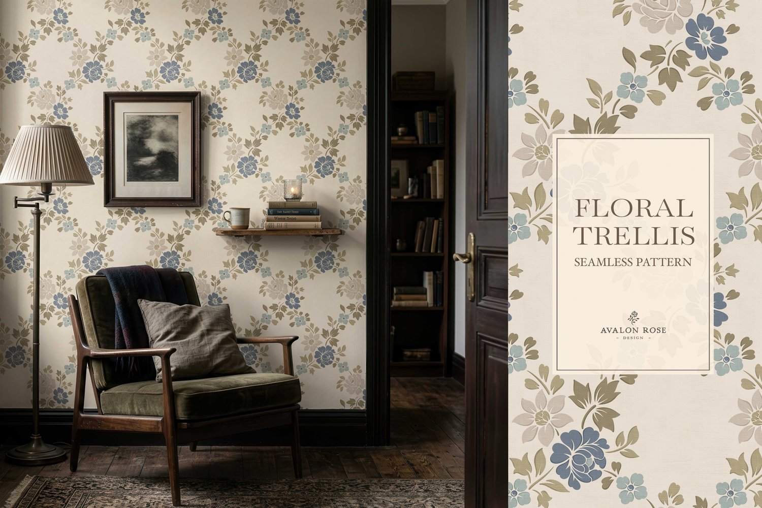 Vintage-inspired farmhouse style seamless surface pattern featuring a hand-drawn floral and leaf trellis in blue and green