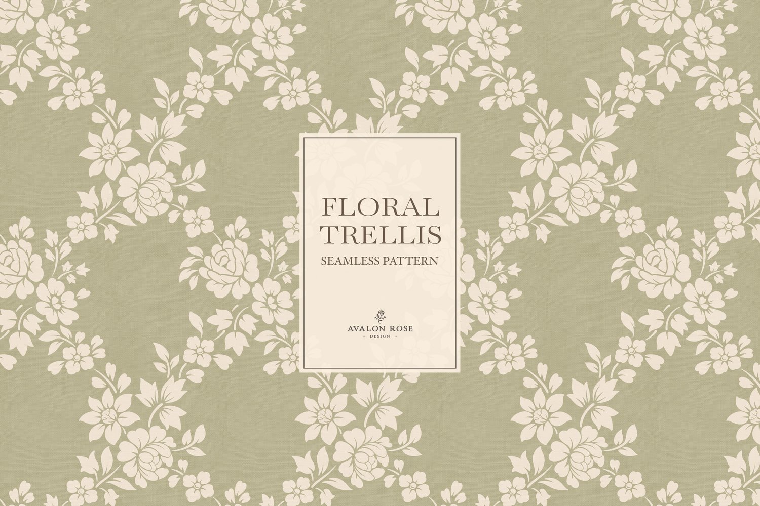 Vintage-inspired farmhouse style seamless surface pattern featuring a hand-drawn floral and leaf trellis in sage and cream