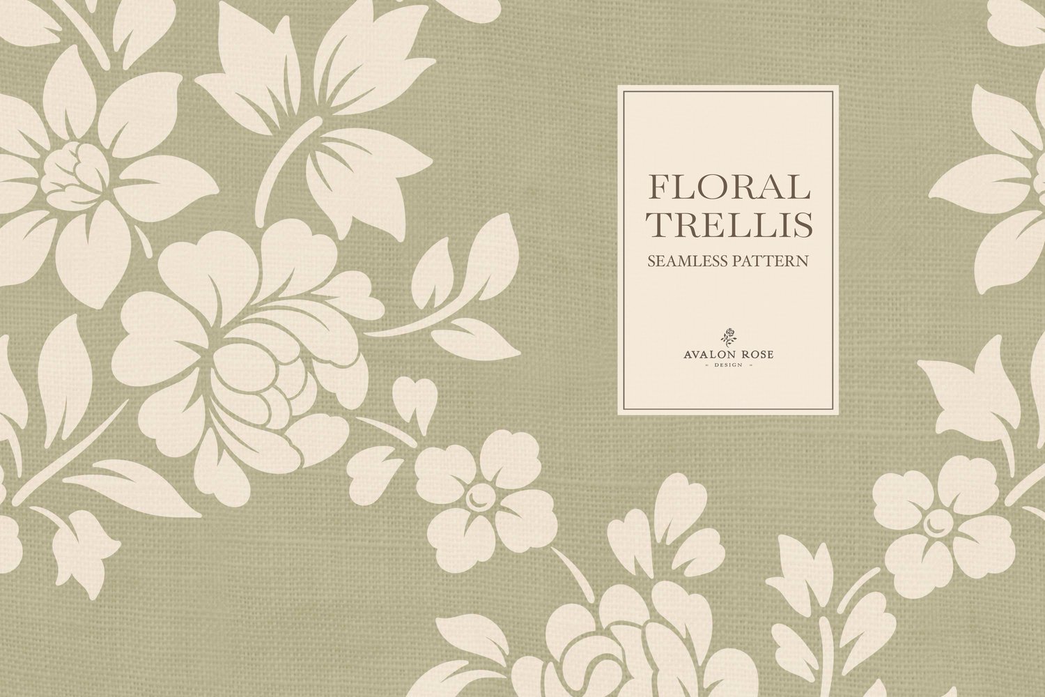 Vintage-inspired farmhouse style seamless surface pattern featuring a hand-drawn floral and leaf trellis in sage and cream