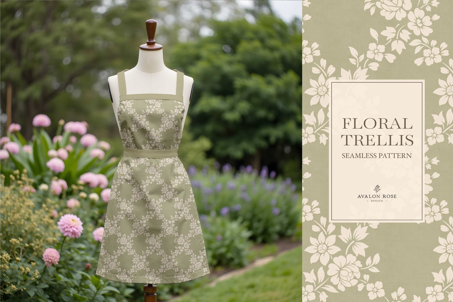 Vintage-inspired farmhouse style seamless surface pattern featuring a hand-drawn floral and leaf trellis in sage and cream