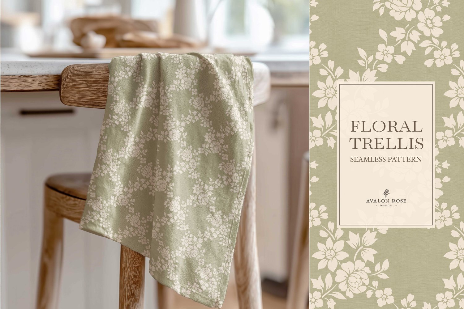 Vintage-inspired farmhouse style seamless surface pattern featuring a hand-drawn floral and leaf trellis in sage and cream
