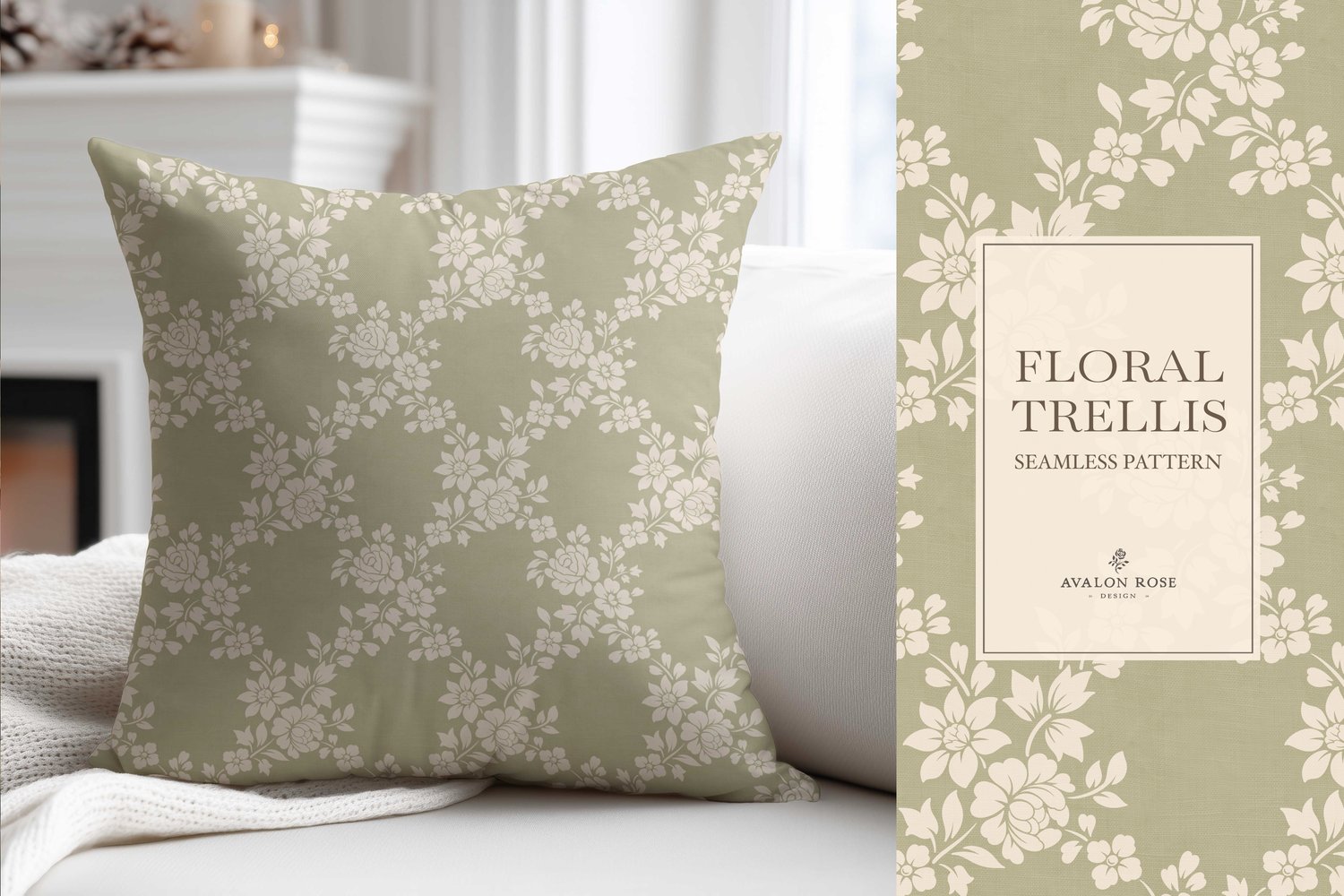 Vintage-inspired farmhouse style seamless surface pattern featuring a hand-drawn floral and leaf trellis in sage and cream