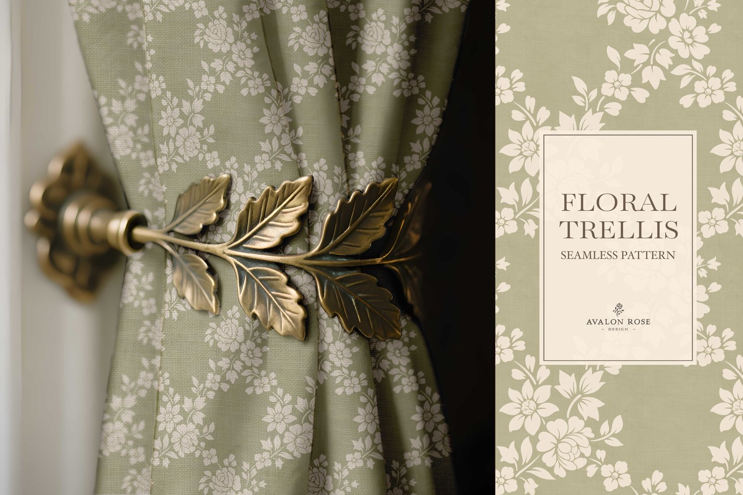 Vintage-inspired farmhouse style seamless surface pattern featuring a hand-drawn floral and leaf trellis in sage and cream
