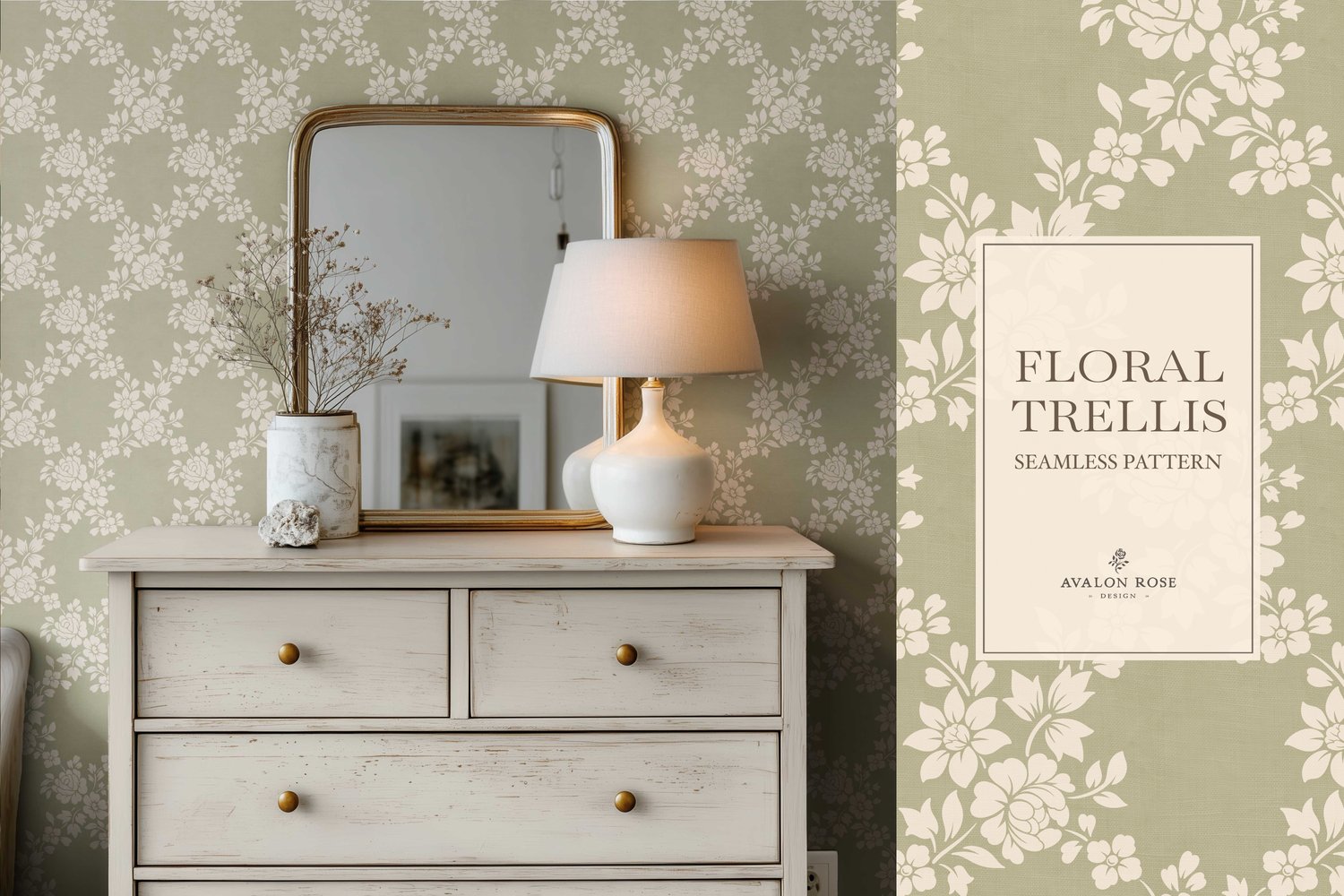 Vintage-inspired farmhouse style seamless surface pattern featuring a hand-drawn floral and leaf trellis in sage and cream