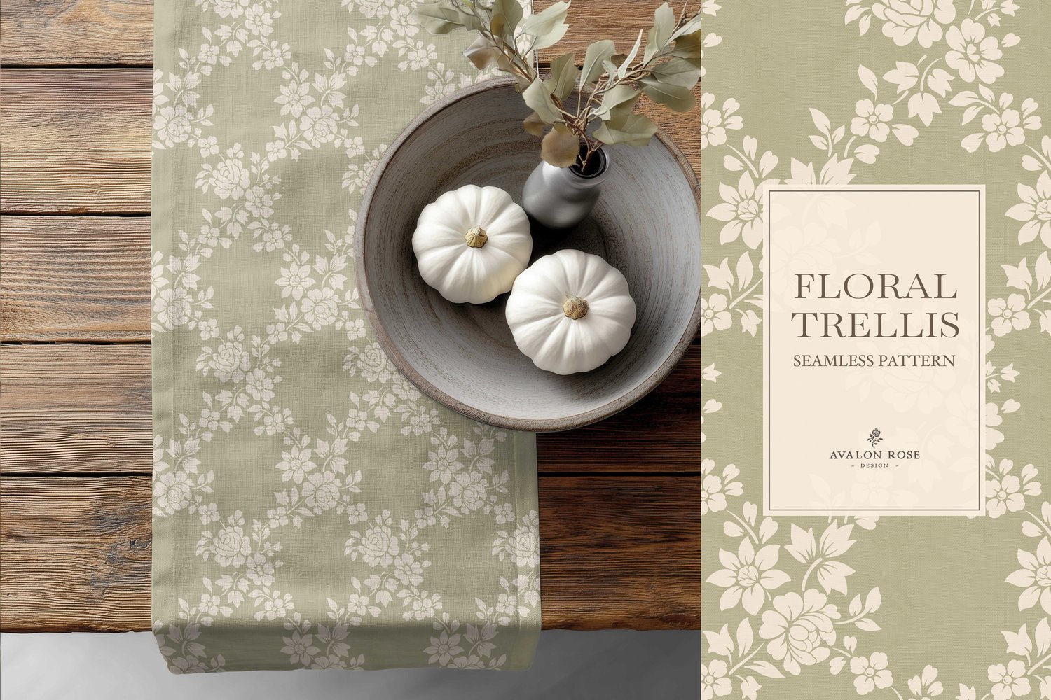 Vintage-inspired farmhouse style seamless surface pattern featuring a hand-drawn floral and leaf trellis in sage and cream