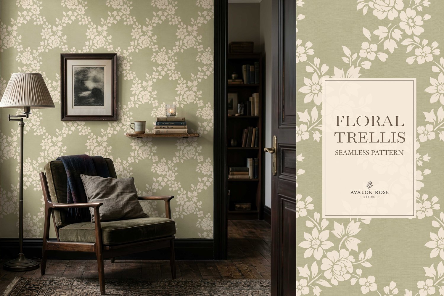 Vintage-inspired farmhouse style seamless surface pattern featuring a hand-drawn floral and leaf trellis in sage and cream