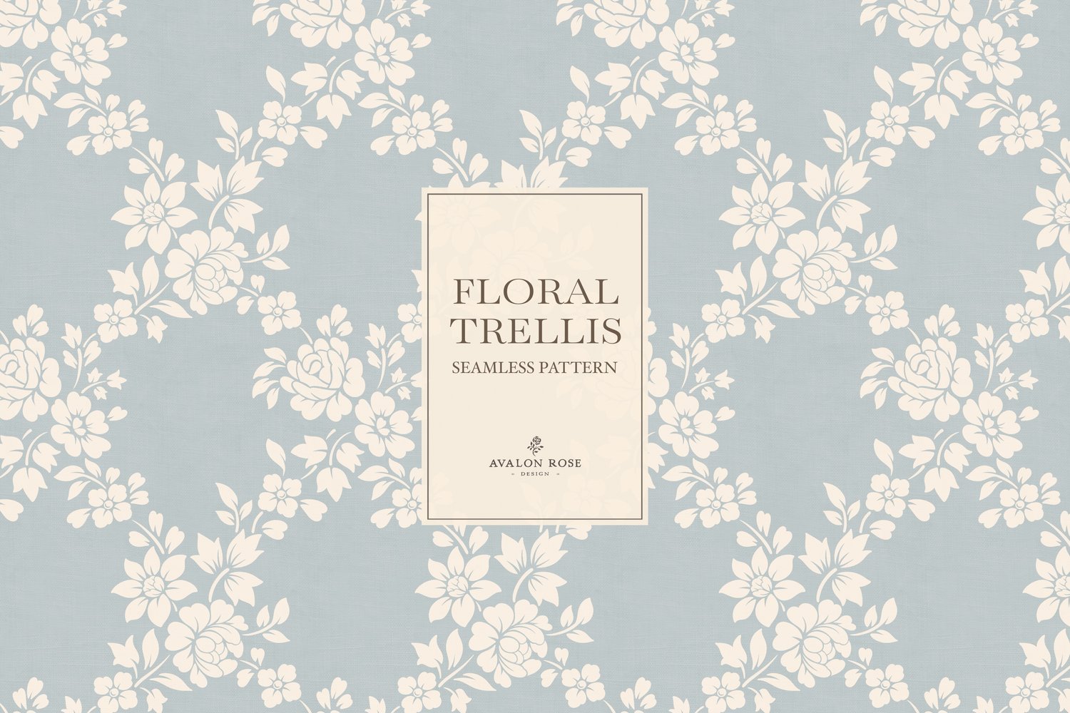 Vintage-inspired farmhouse style seamless surface pattern featuring a hand-drawn floral and leaf trellis in pale blue and cream