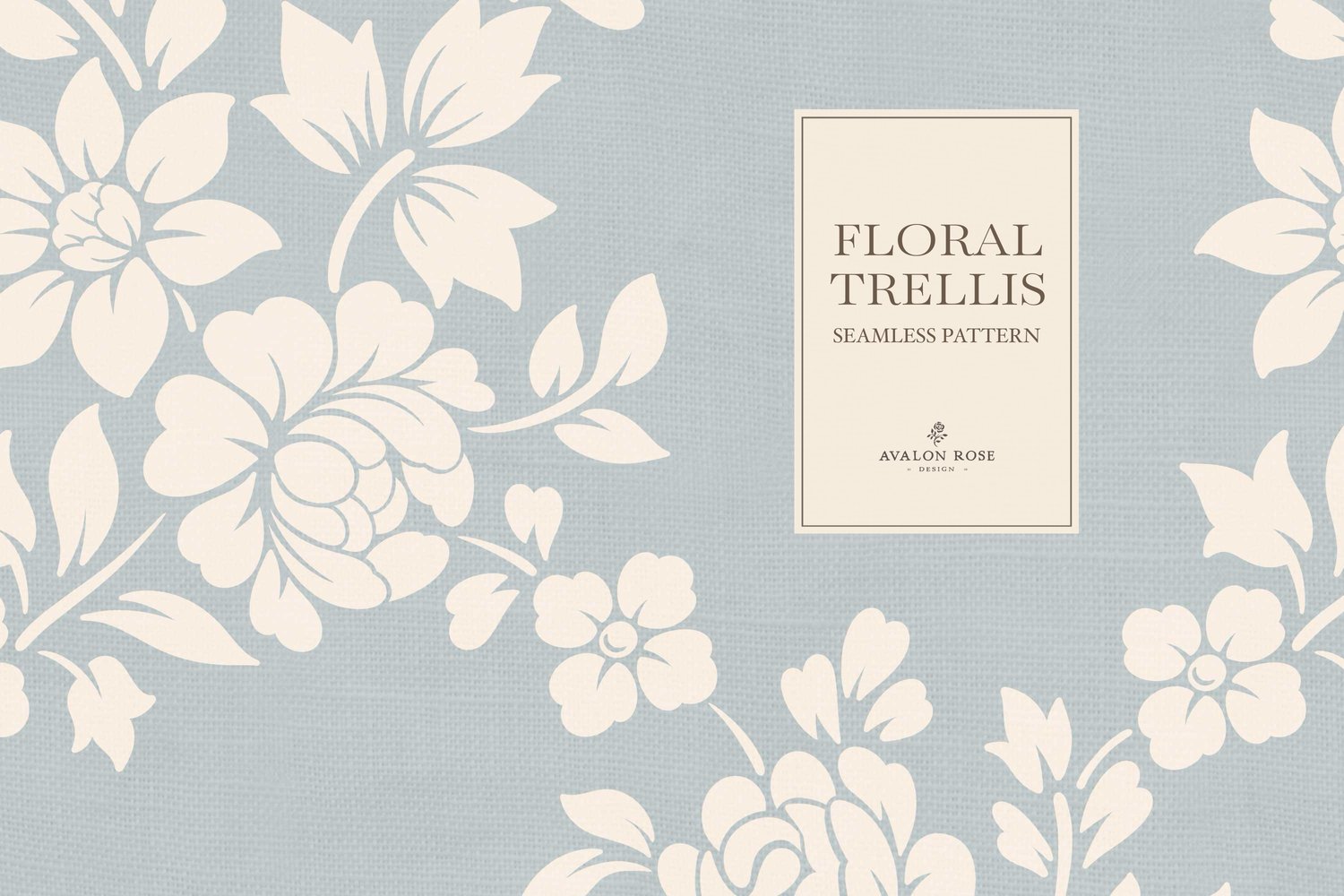 Vintage-inspired farmhouse style seamless surface pattern featuring a hand-drawn floral and leaf trellis in pale blue and cream