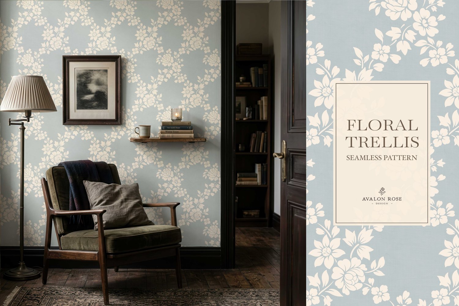 Vintage-inspired farmhouse style seamless surface pattern featuring a hand-drawn floral and leaf trellis in pale blue and cream