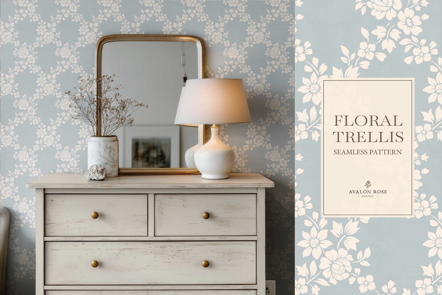 Vintage-inspired farmhouse style seamless surface pattern featuring a hand-drawn floral and leaf trellis in pale blue and cream