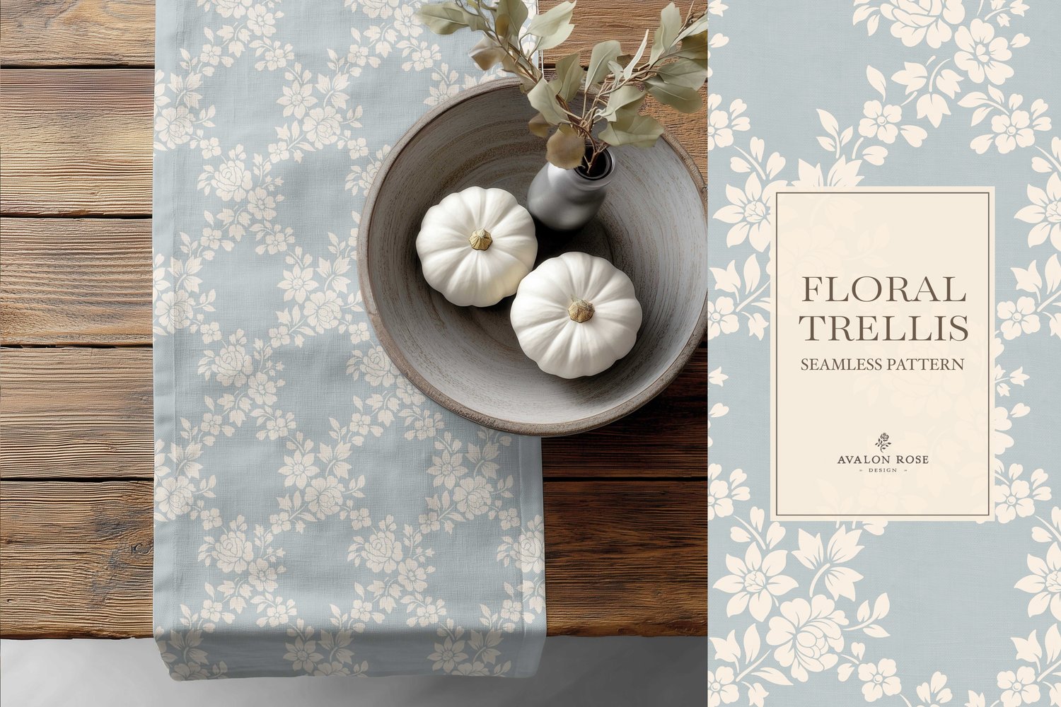 Vintage-inspired farmhouse style seamless surface pattern featuring a hand-drawn floral and leaf trellis in pale blue and cream