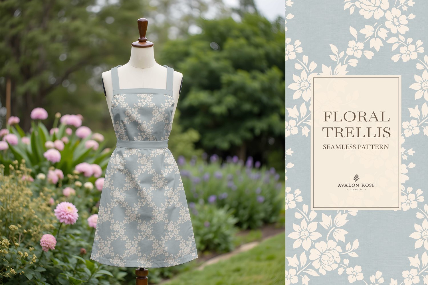Vintage-inspired farmhouse style seamless surface pattern featuring a hand-drawn floral and leaf trellis in pale blue and cream