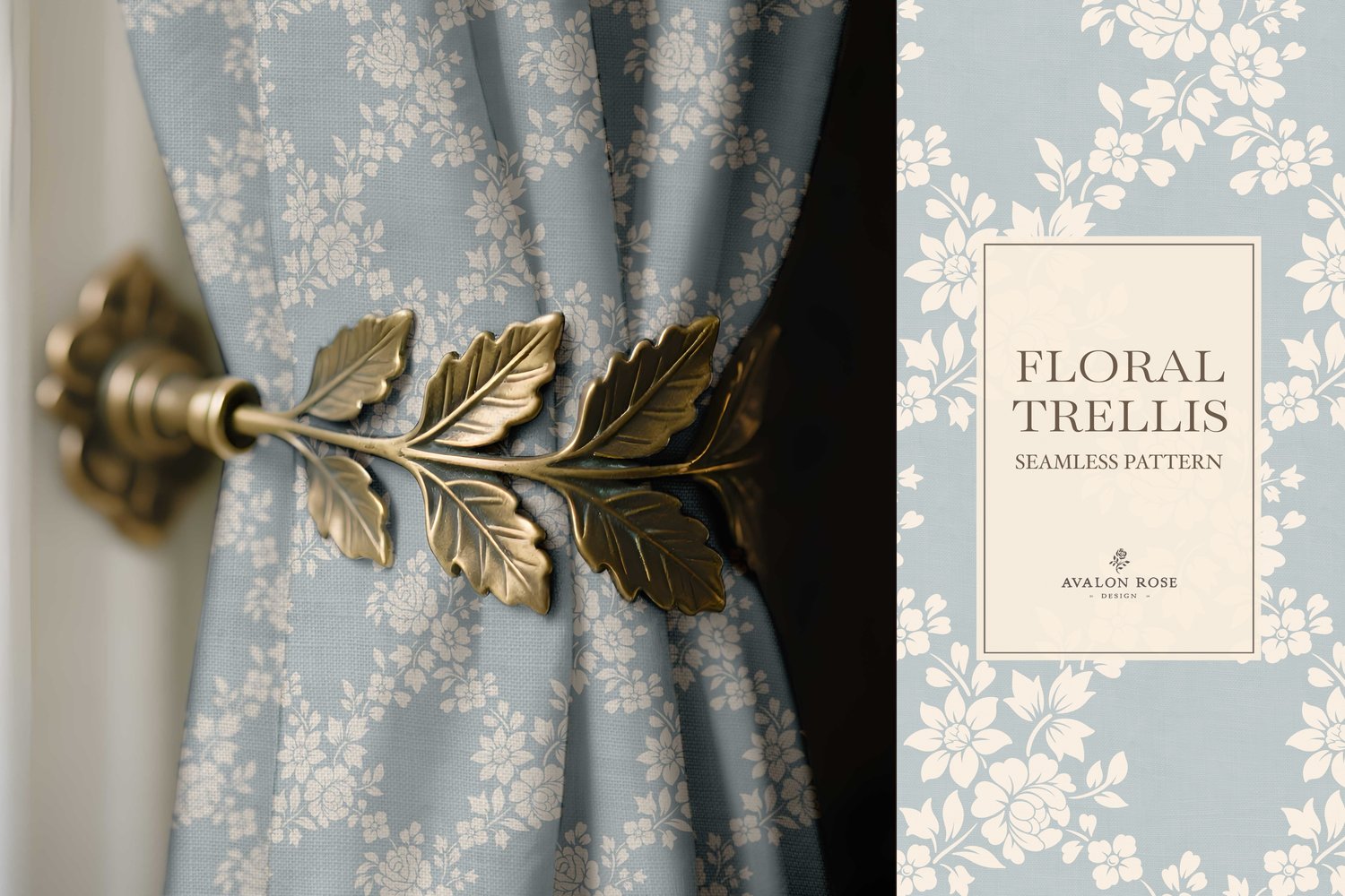 Vintage-inspired farmhouse style seamless surface pattern featuring a hand-drawn floral and leaf trellis in pale blue and cream
