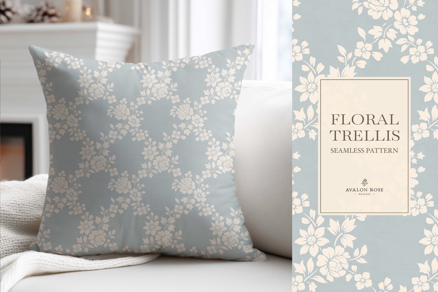 Vintage-inspired farmhouse style seamless surface pattern featuring a hand-drawn floral and leaf trellis in pale blue and cream