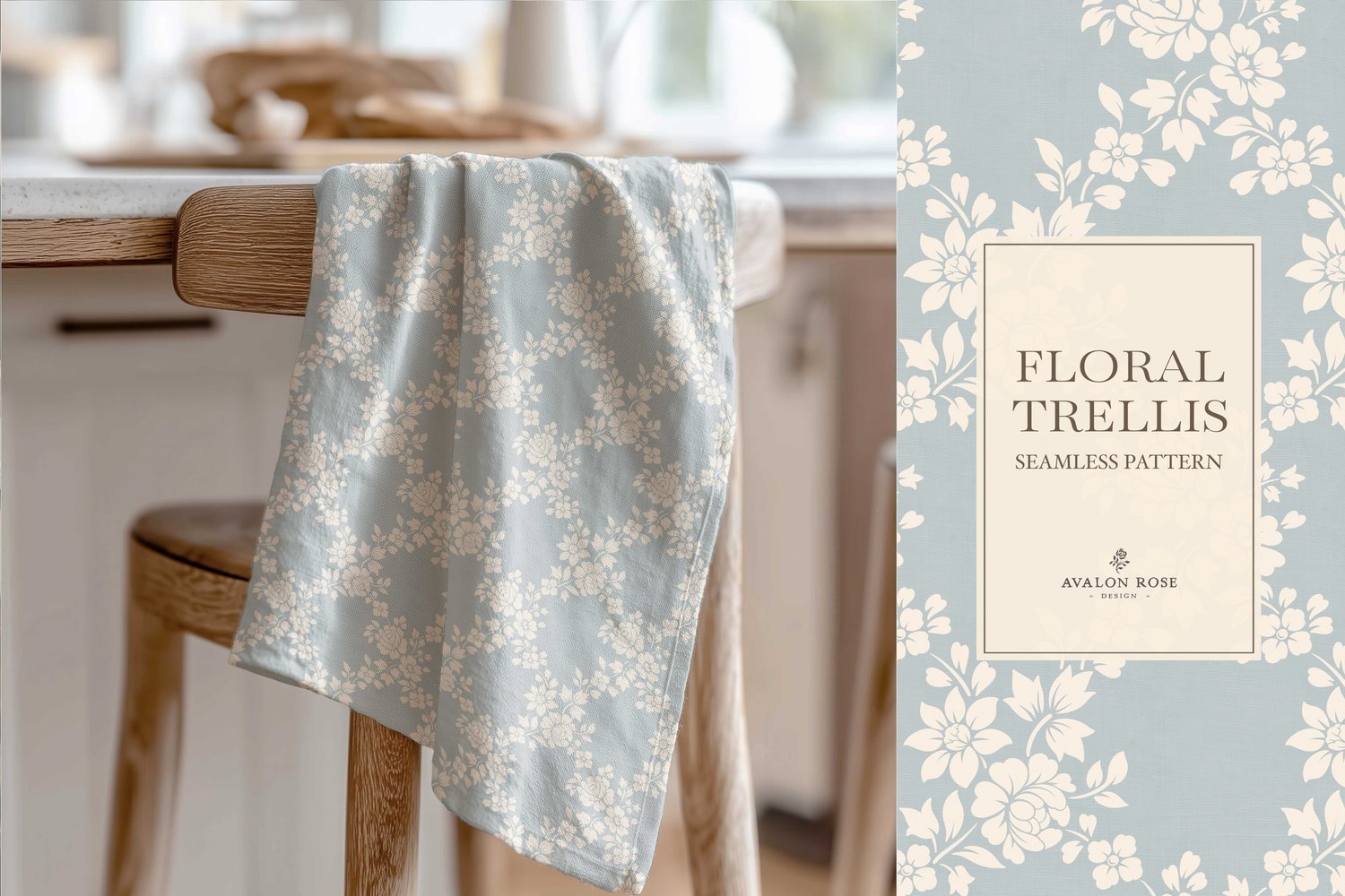 Vintage-inspired farmhouse style seamless surface pattern featuring a hand-drawn floral and leaf trellis in pale blue and cream