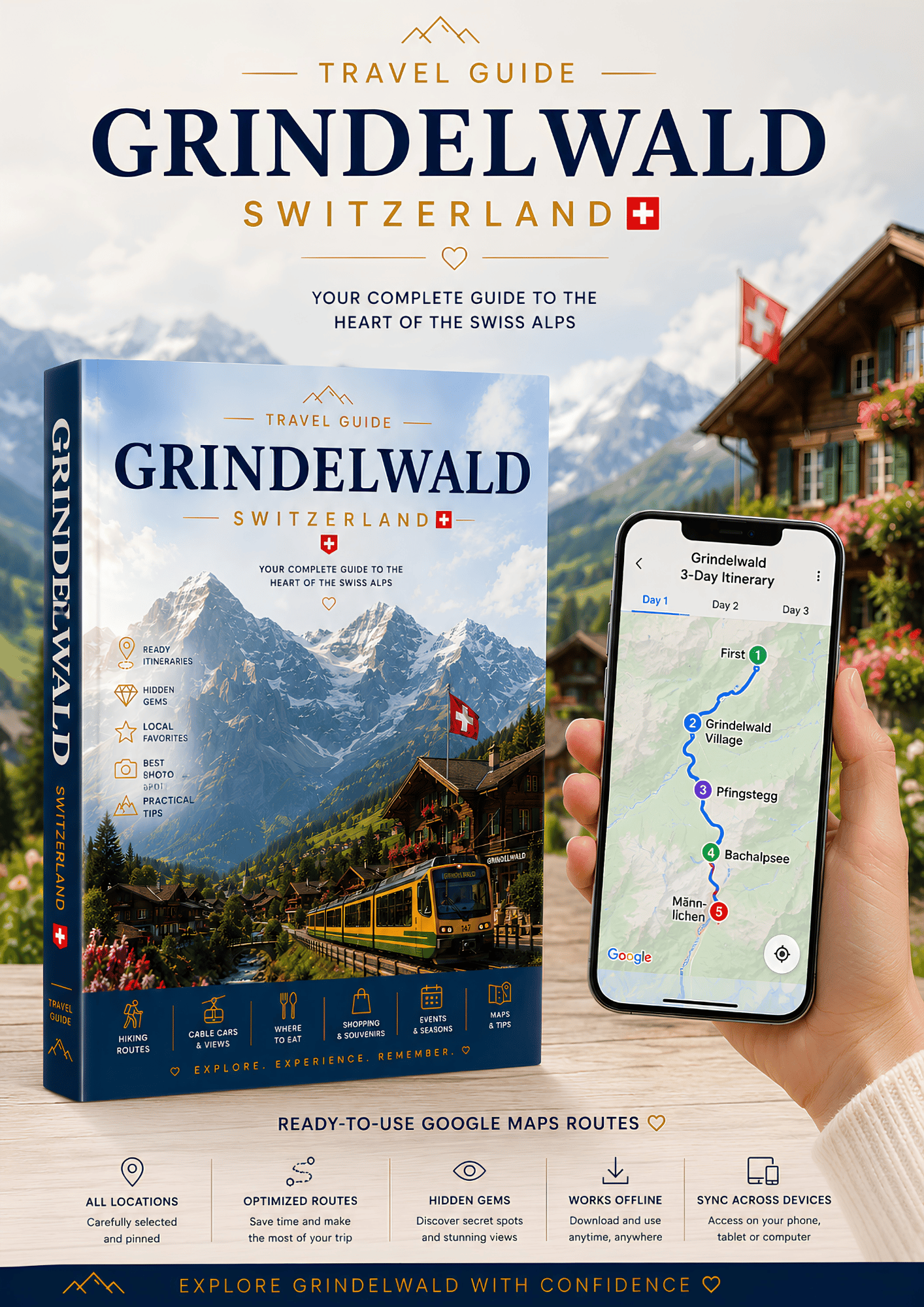 Interactive Grindelwald travel guide with Google Maps on a smartphone