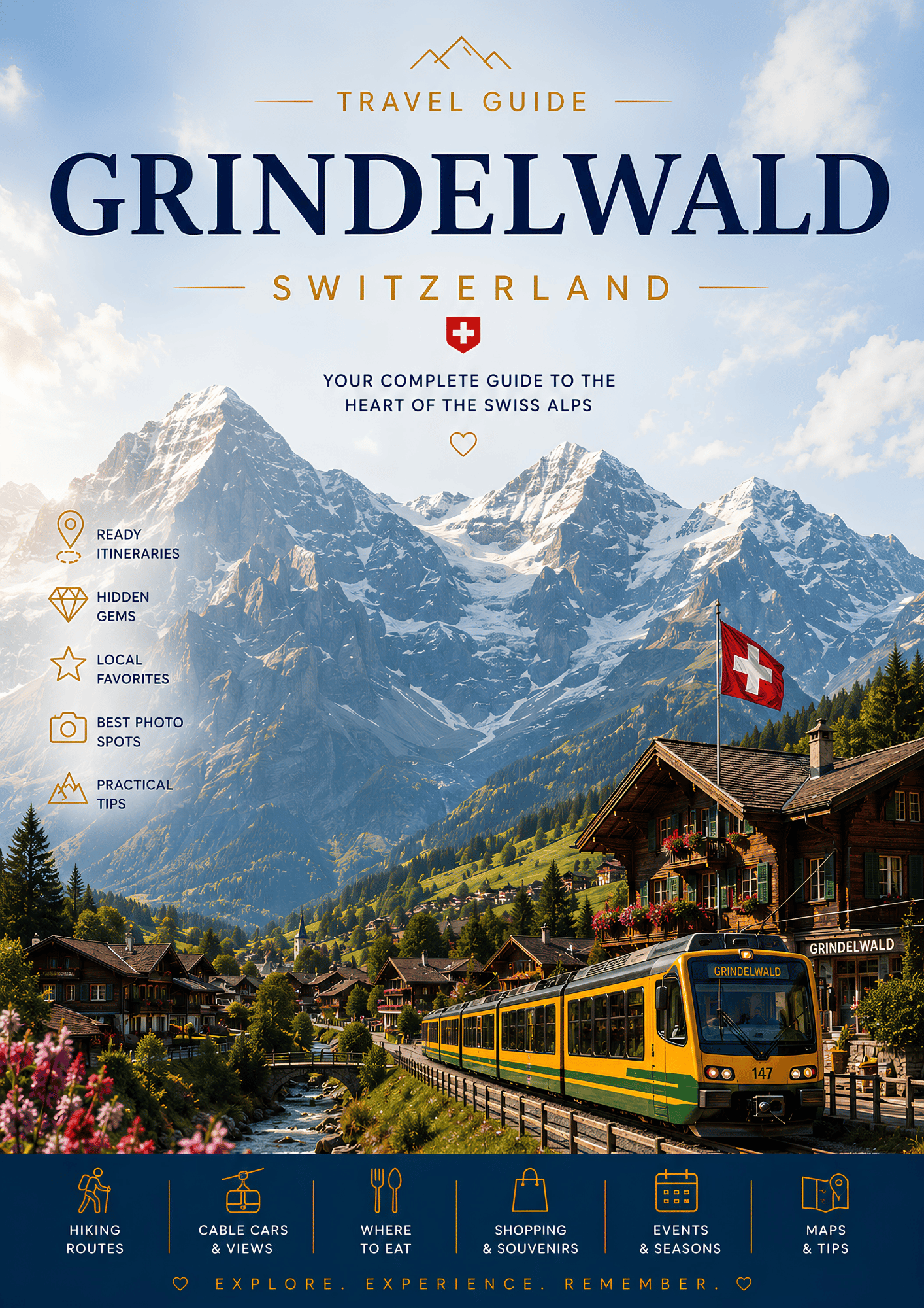 PDF travel guide cover for Grindelwald, Switzerland featuring the Swiss Alps, mountain scenery and top attractions