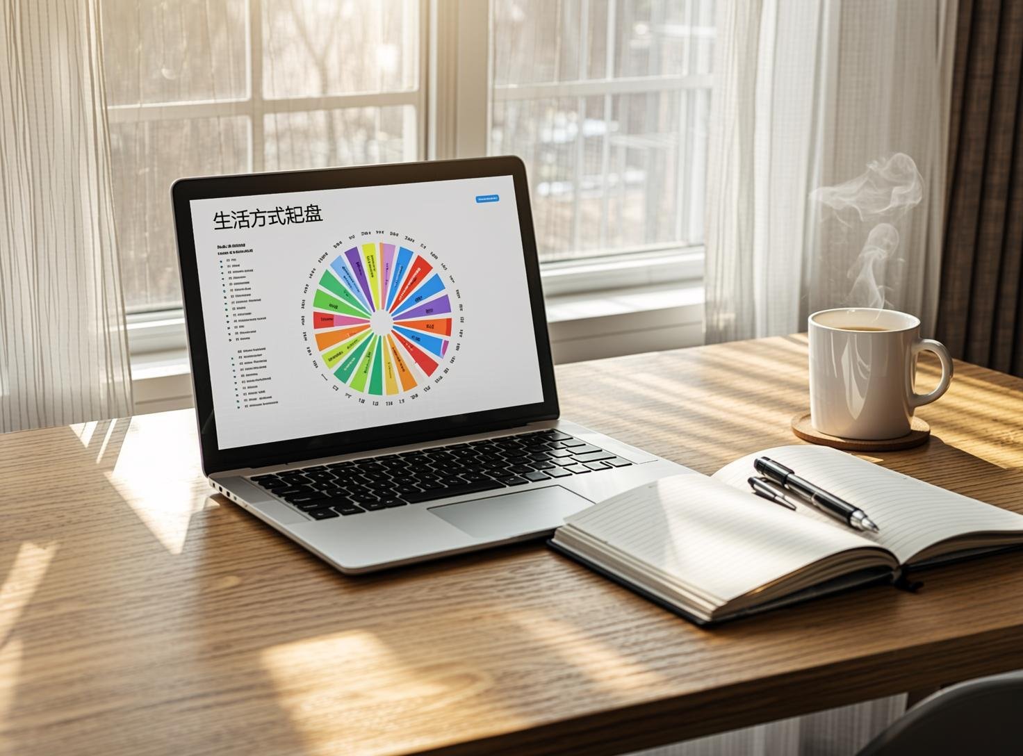 An organized minimalist workspace with a journal and chart representing a balanced life design framework to prevent burnout and measure true wealth.