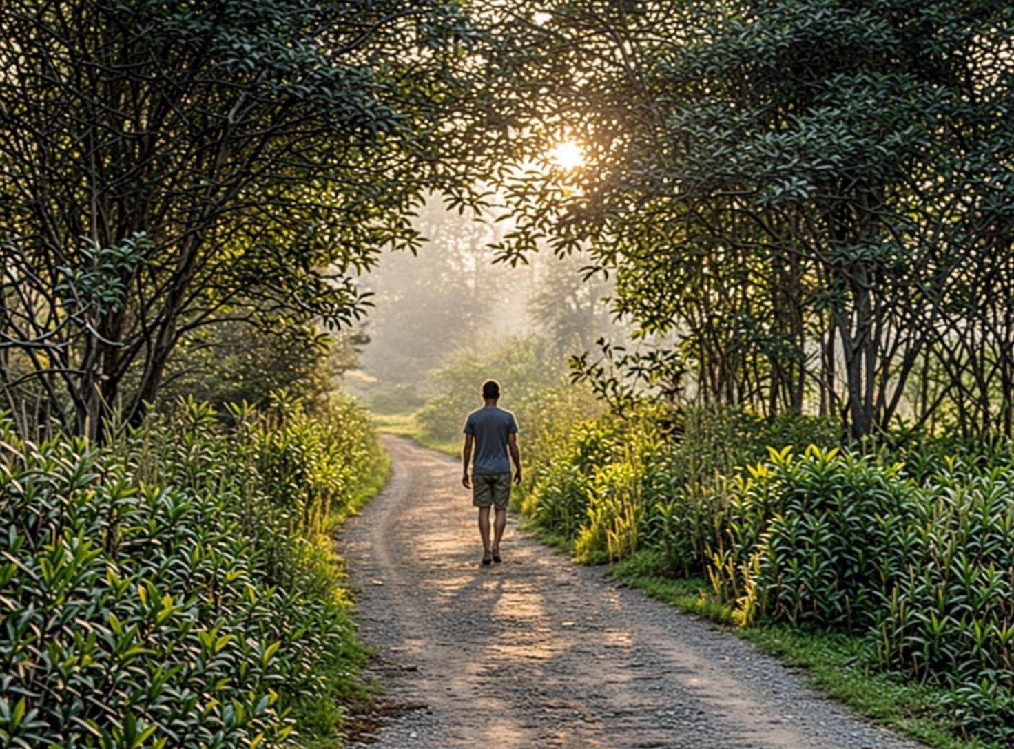 A peaceful individual enjoying a morning walk outdoors, highlighting time wealth, stress reduction, and healthy daily habits.