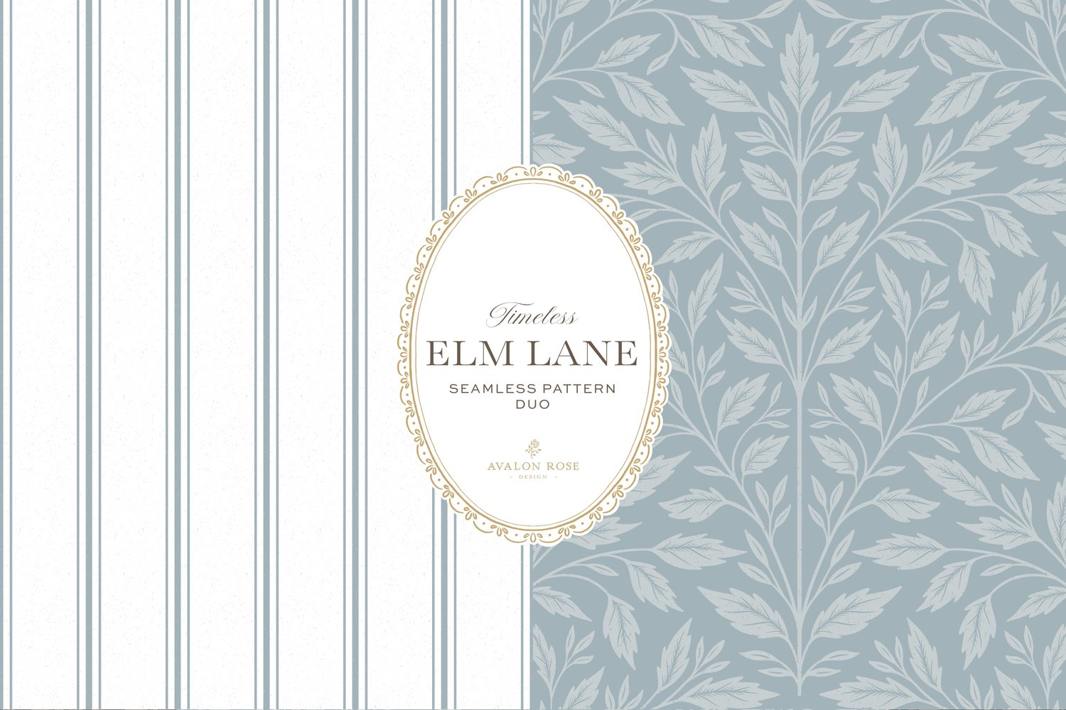 Vintage-inspired seamless surface pattern featuring hand drawn leaves in a traditional damask style with a matching stripe pattern. Coastal light blue.
