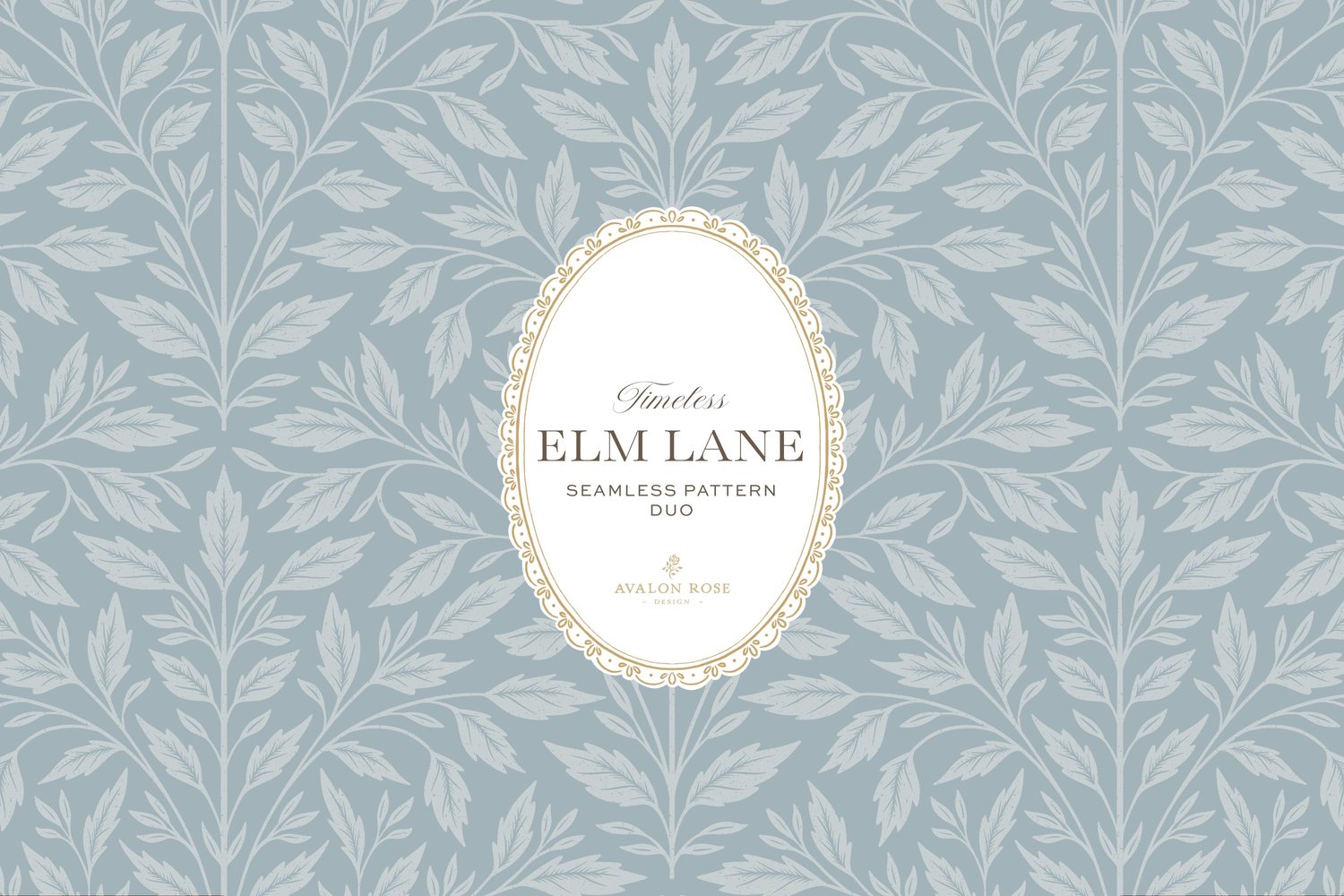 Vintage-inspired seamless surface pattern featuring hand drawn leaves in a traditional damask style with a matching stripe pattern. Coastal light blue.