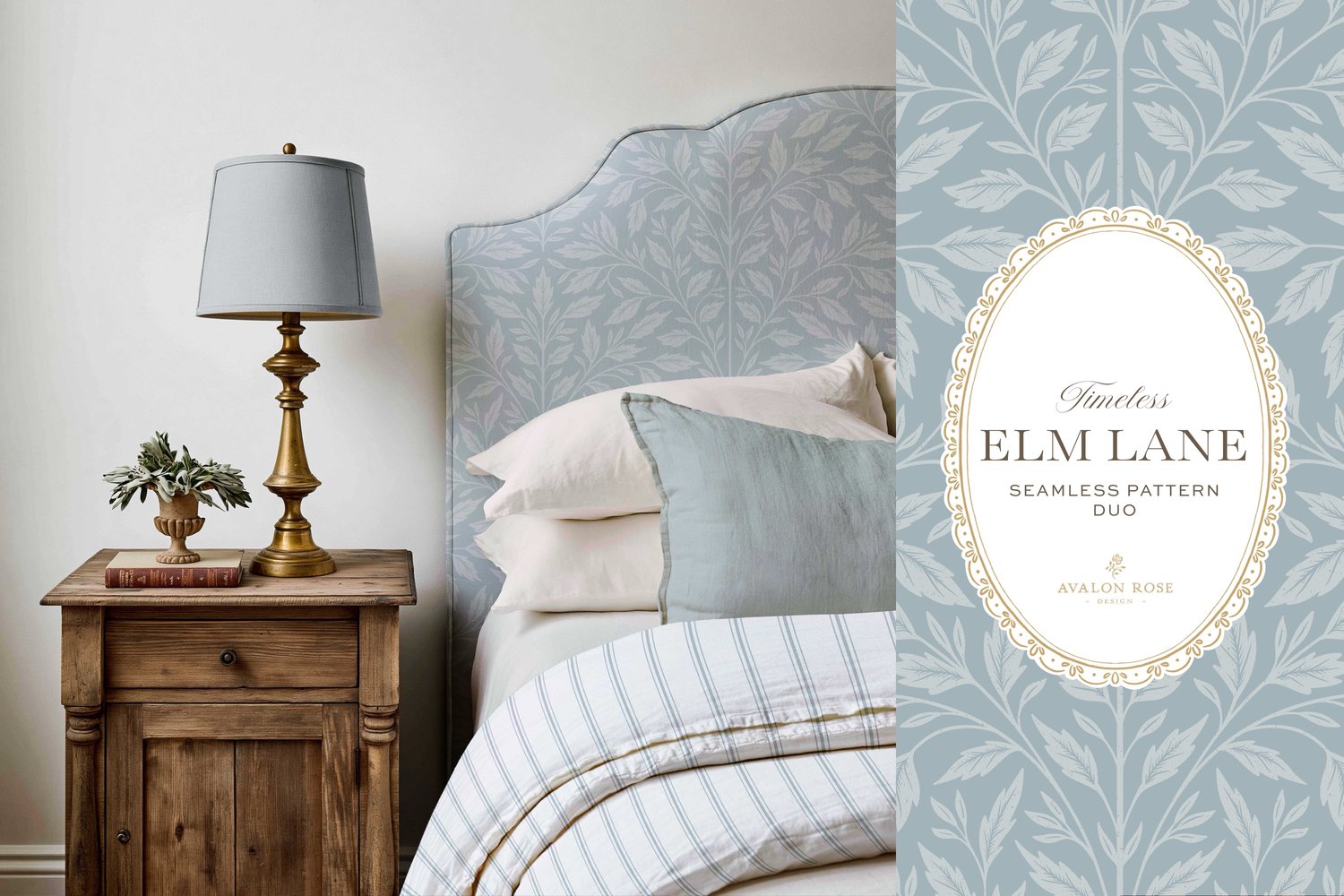 Vintage-inspired seamless surface pattern featuring hand drawn leaves in a traditional damask style with a matching stripe pattern. Coastal light blue.