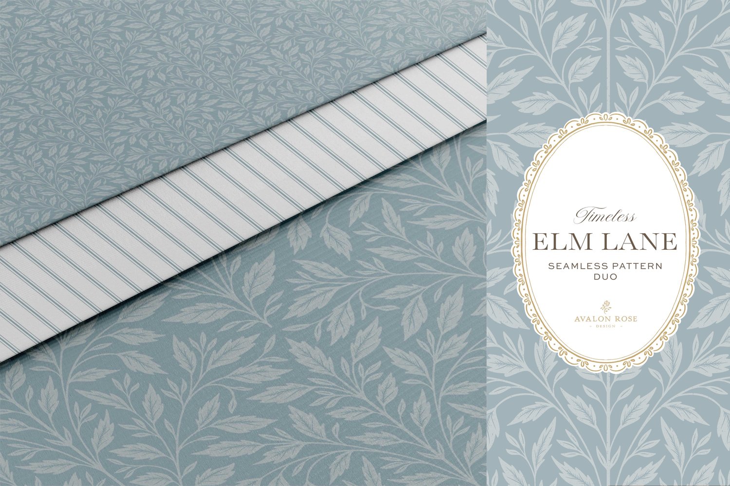 Vintage-inspired seamless surface pattern featuring hand drawn leaves in a traditional damask style with a matching stripe pattern. Coastal light blue.