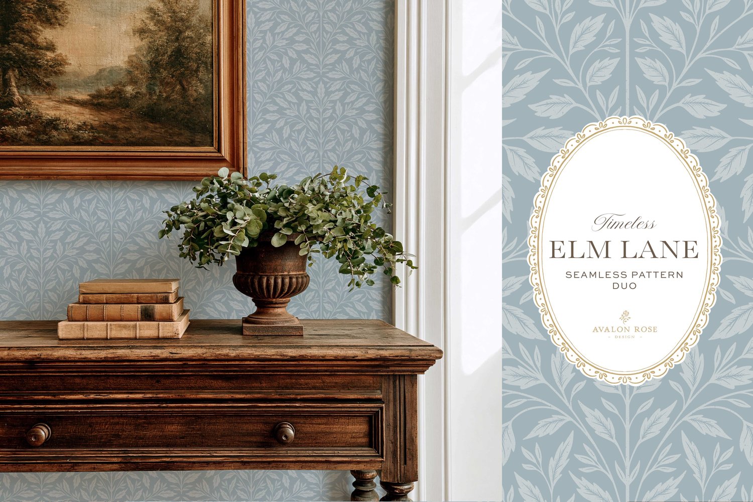 Vintage-inspired seamless surface pattern featuring hand drawn leaves in a traditional damask style with a matching stripe pattern. Coastal light blue.