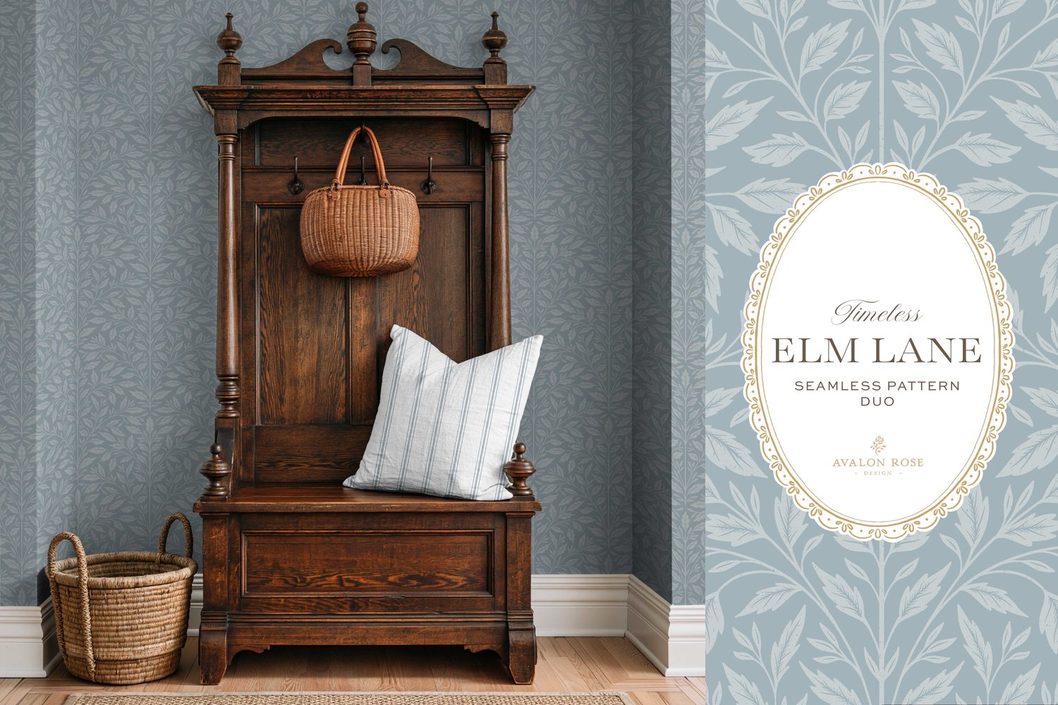 Vintage-inspired seamless surface pattern featuring hand drawn leaves in a traditional damask style with a matching stripe pattern. Coastal light blue.