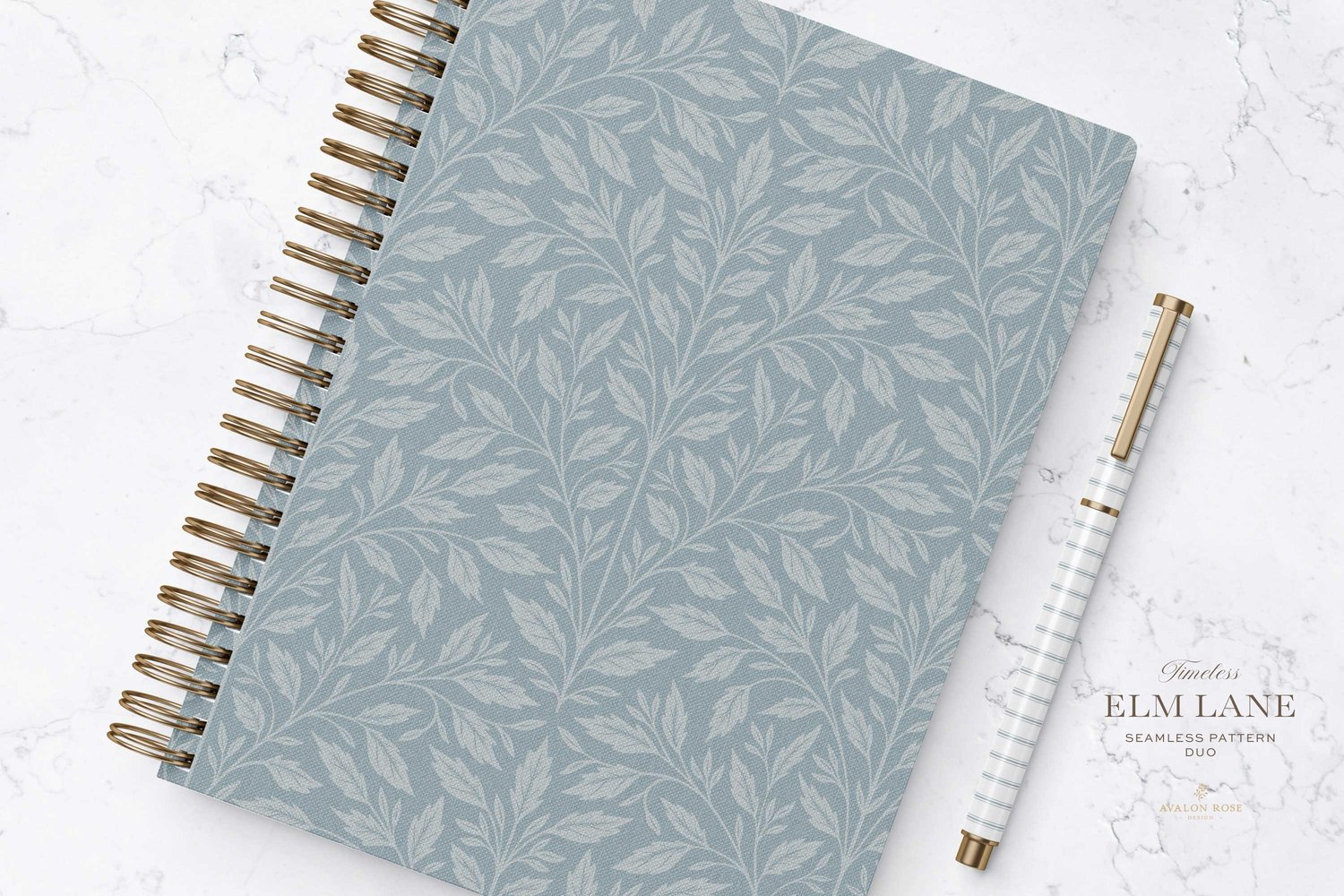 Vintage-inspired seamless surface pattern featuring hand drawn leaves in a traditional damask style with a matching stripe pattern. Coastal light blue.