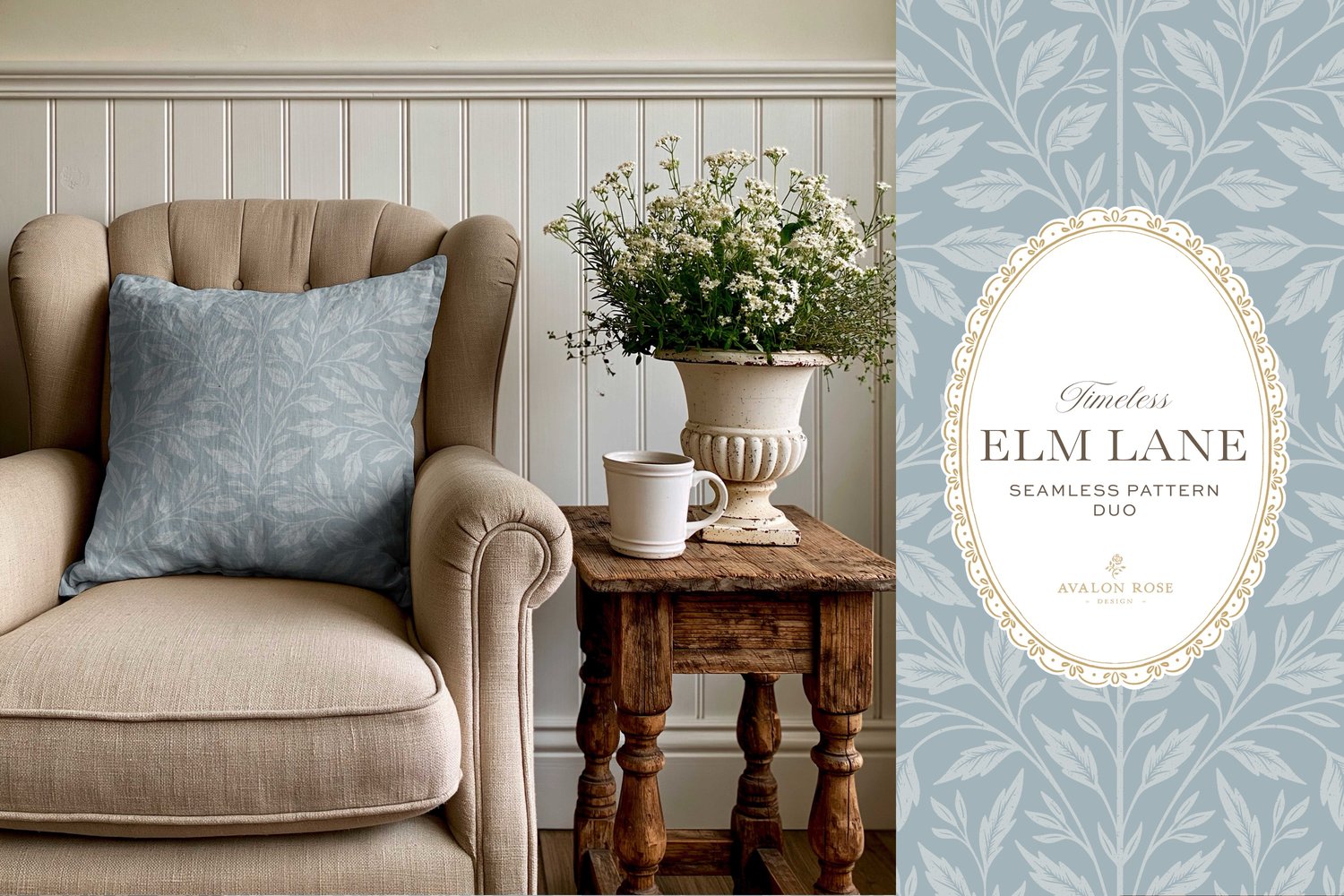 Vintage-inspired seamless surface pattern featuring hand drawn leaves in a traditional damask style with a matching stripe pattern. Coastal light blue.