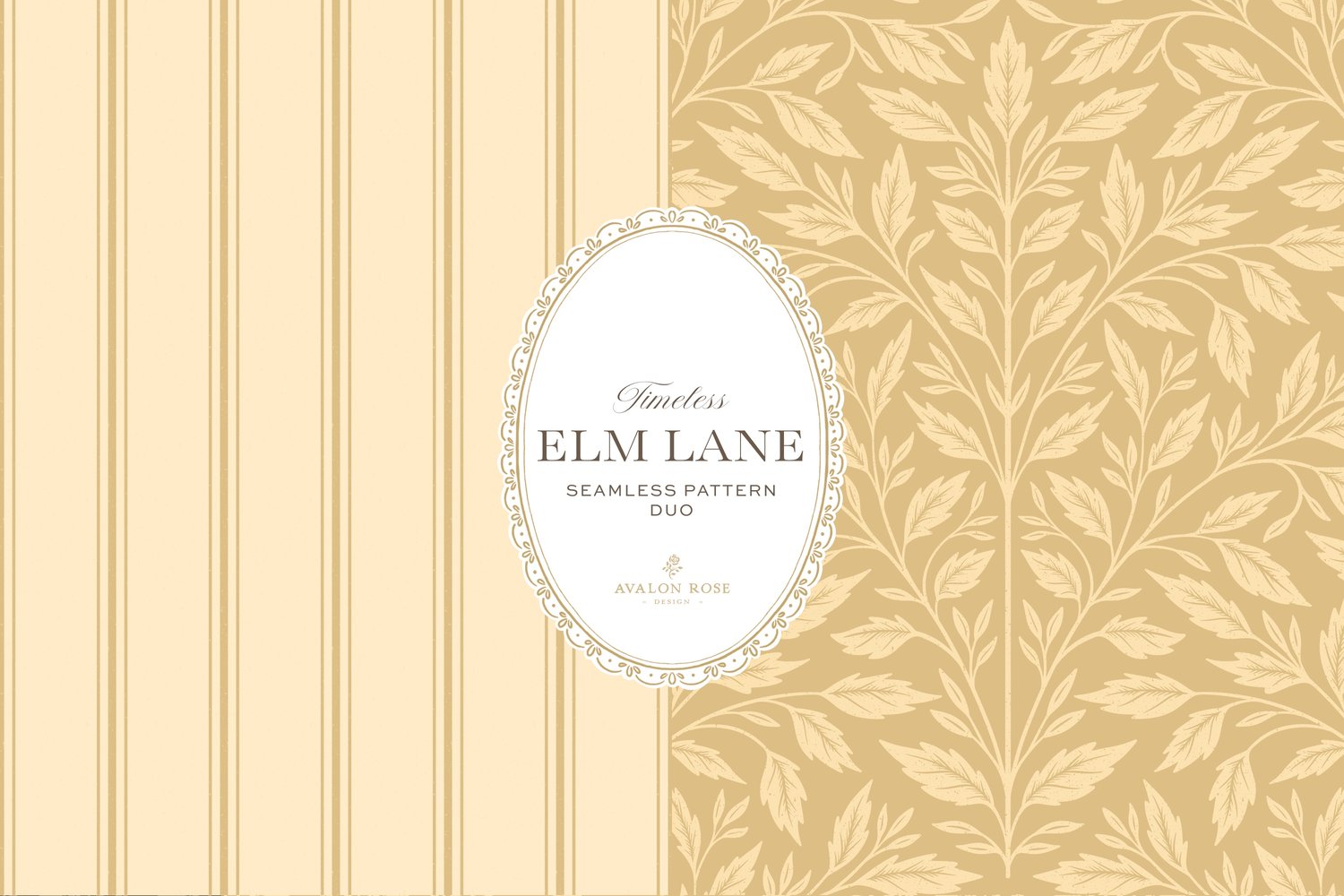 Vintage-inspired seamless surface pattern featuring hand drawn leaves in a traditional damask style with a matching stripe pattern. Light buff yellow.