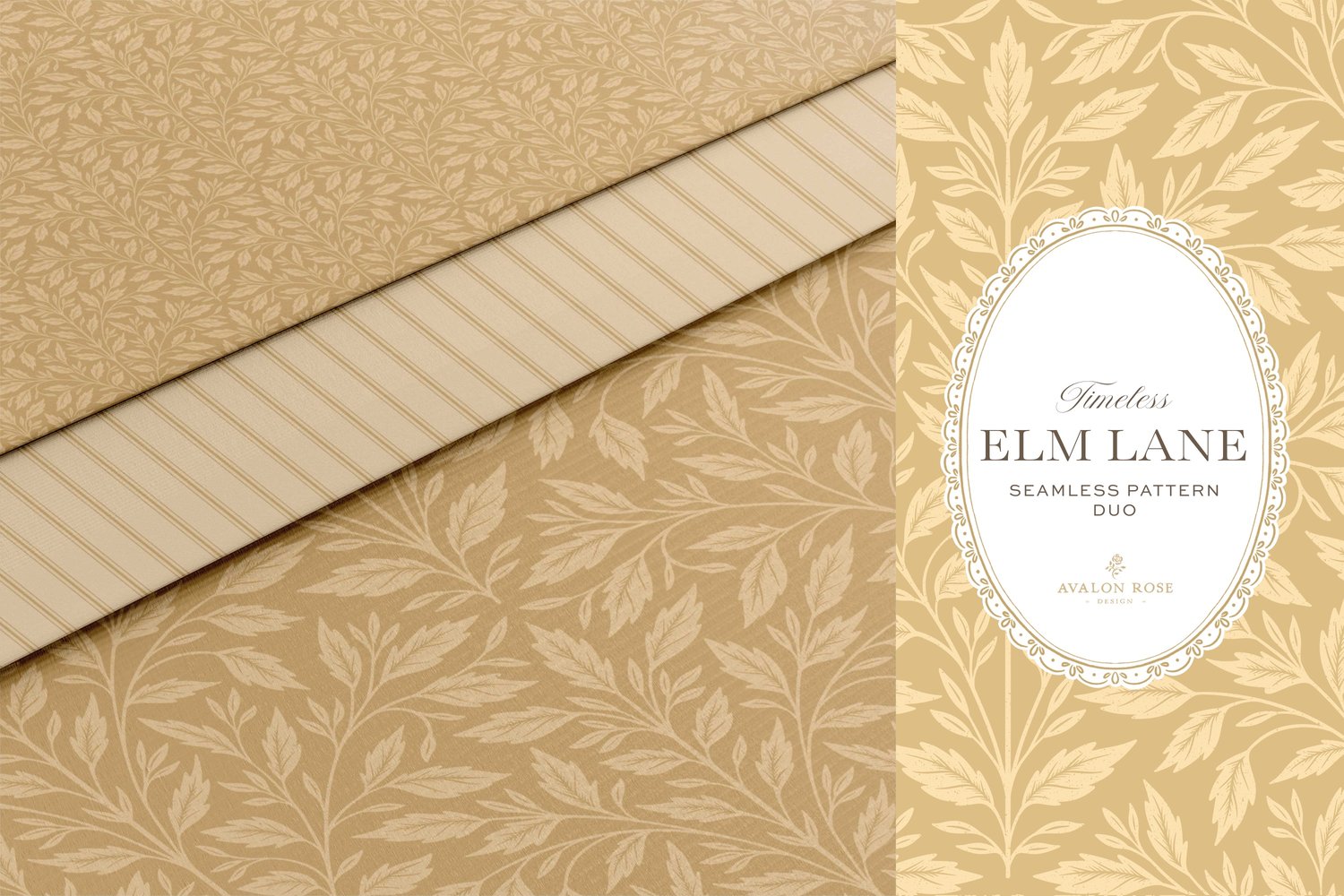 Vintage-inspired seamless surface pattern featuring hand drawn leaves in a traditional damask style with a matching stripe pattern. Light buff yellow.