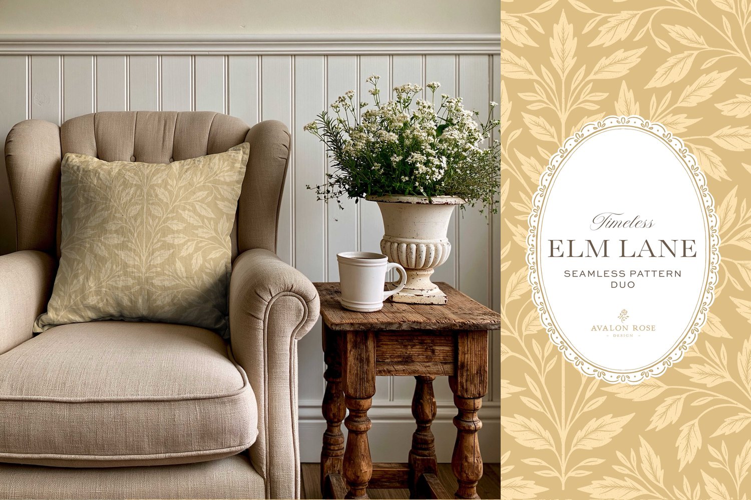 Vintage-inspired seamless surface pattern featuring hand drawn leaves in a traditional damask style with a matching stripe pattern. Light buff yellow.