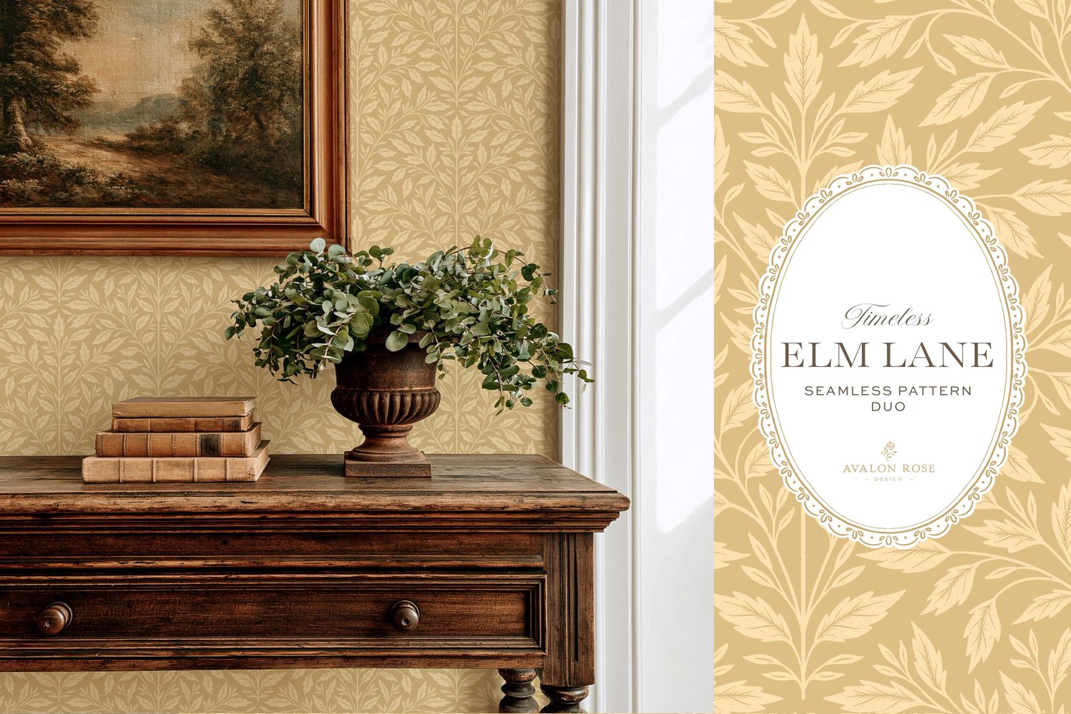 Vintage-inspired seamless surface pattern featuring hand drawn leaves in a traditional damask style with a matching stripe pattern. Light buff yellow.