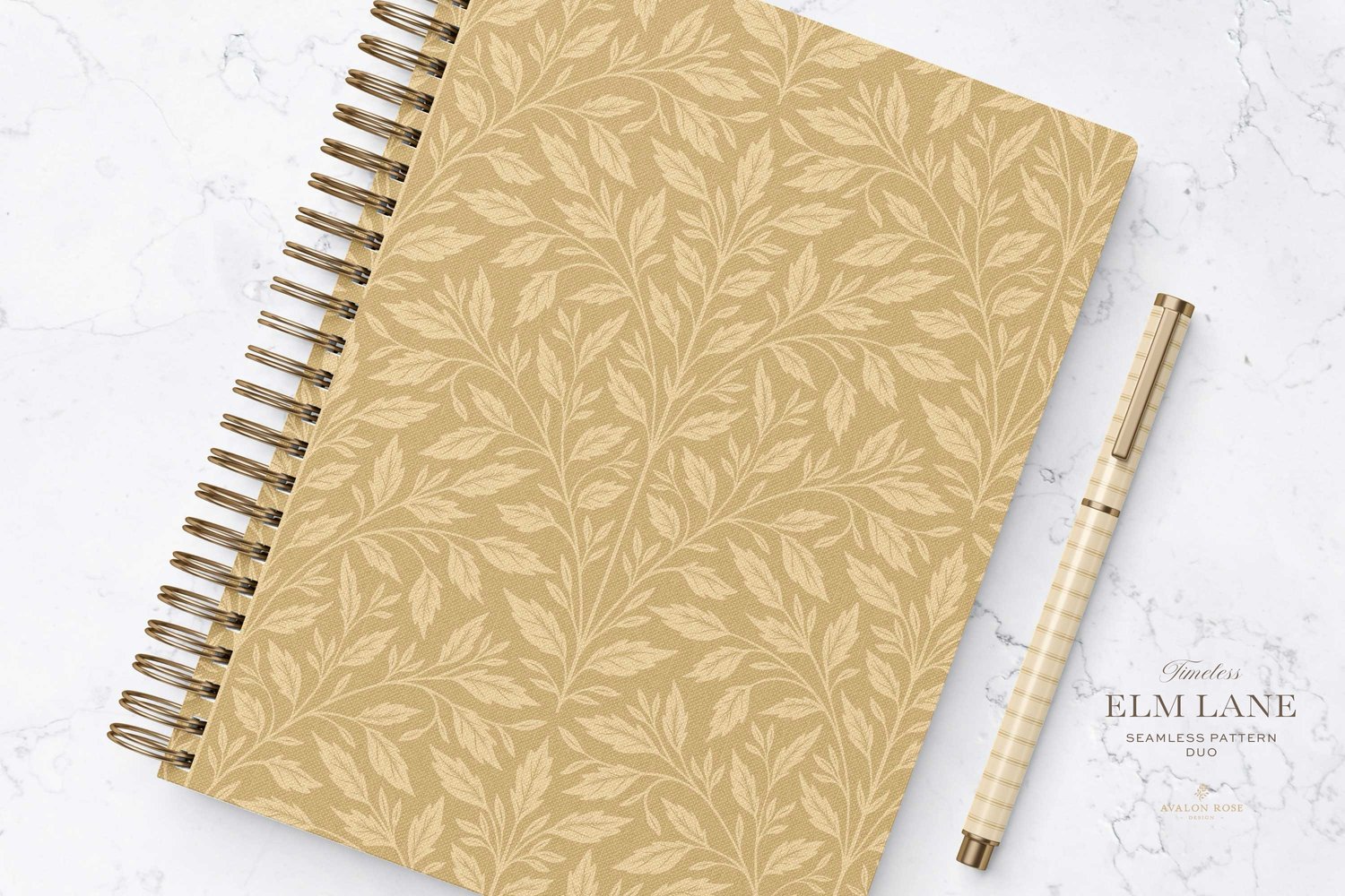 Vintage-inspired seamless surface pattern featuring hand drawn leaves in a traditional damask style with a matching stripe pattern. Light buff yellow.