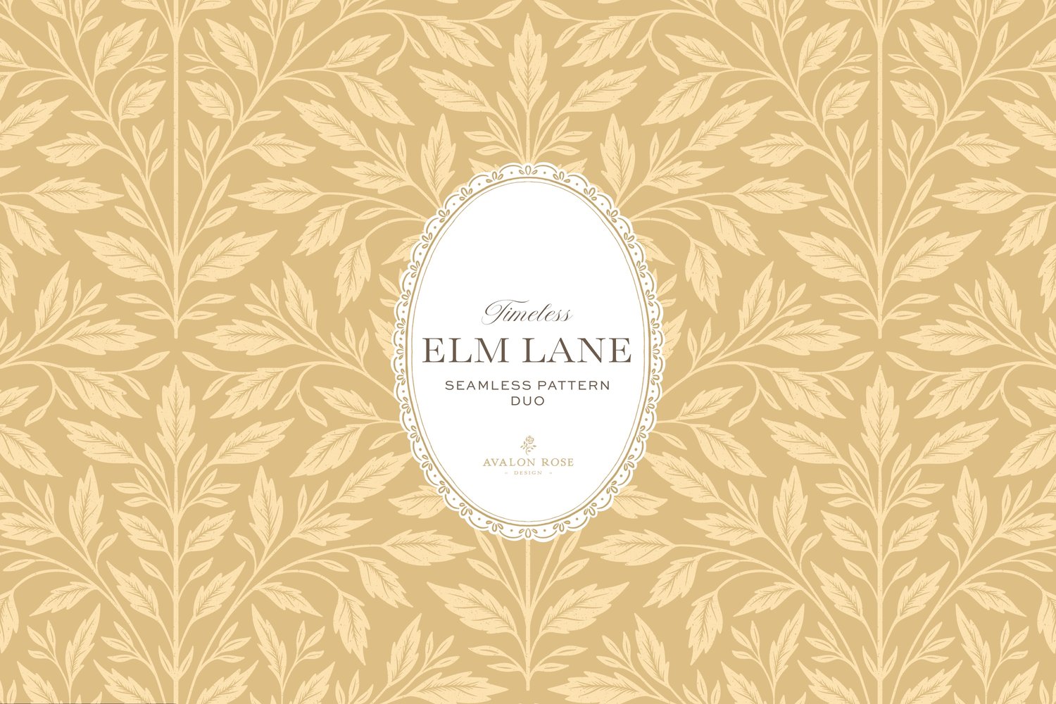 Vintage-inspired seamless surface pattern featuring hand drawn leaves in a traditional damask style with a matching stripe pattern. Light buff yellow.