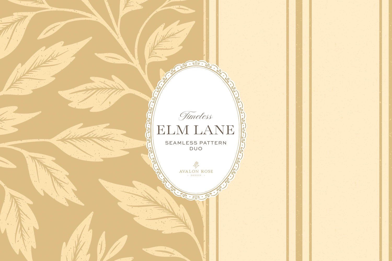Vintage-inspired seamless surface pattern featuring hand drawn leaves in a traditional damask style with a matching stripe pattern. Light buff yellow.