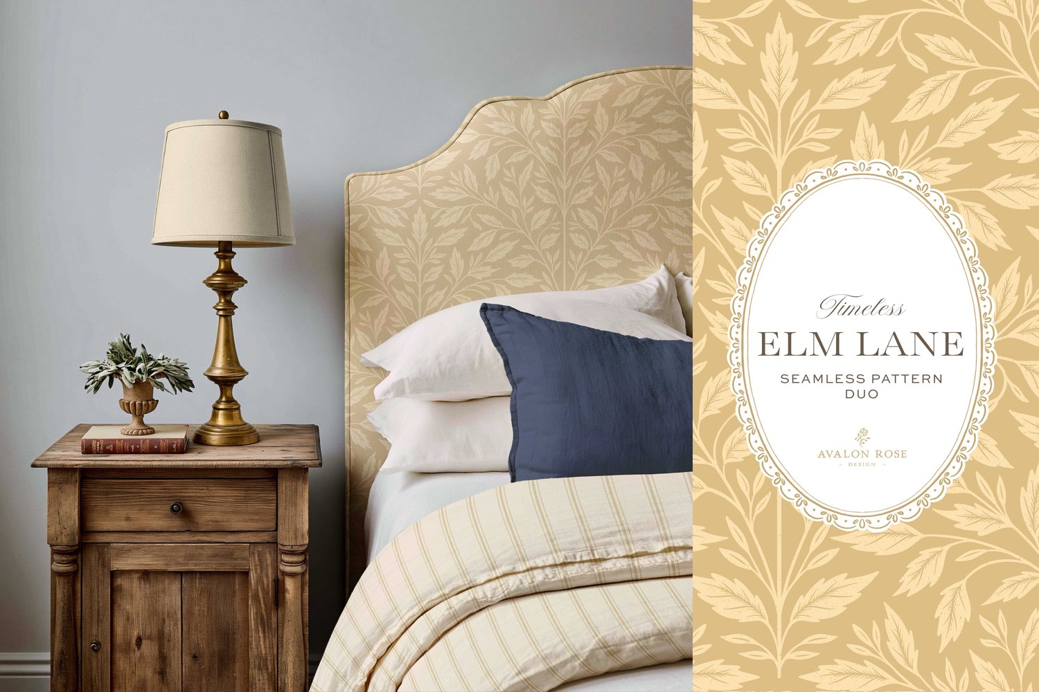 Vintage-inspired seamless surface pattern featuring hand drawn leaves in a traditional damask style with a matching stripe pattern. Light buff yellow.