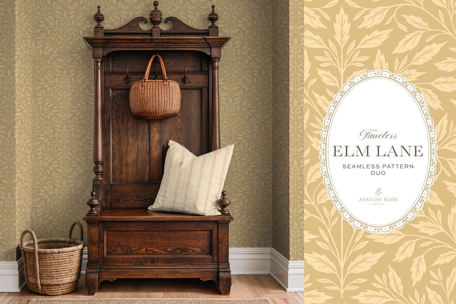 Vintage-inspired seamless surface pattern featuring hand drawn leaves in a traditional damask style with a matching stripe pattern. Light buff yellow.