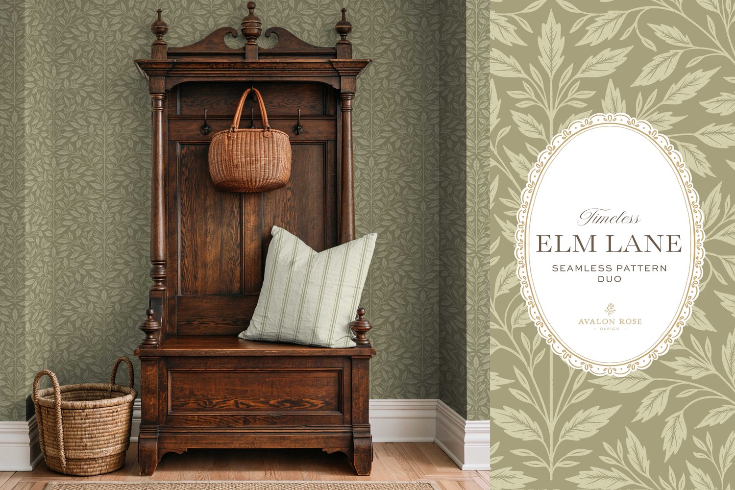 Vintage-inspired seamless surface pattern featuring hand drawn leaves in a traditional damask style with a matching stripe pattern. Light fern green.