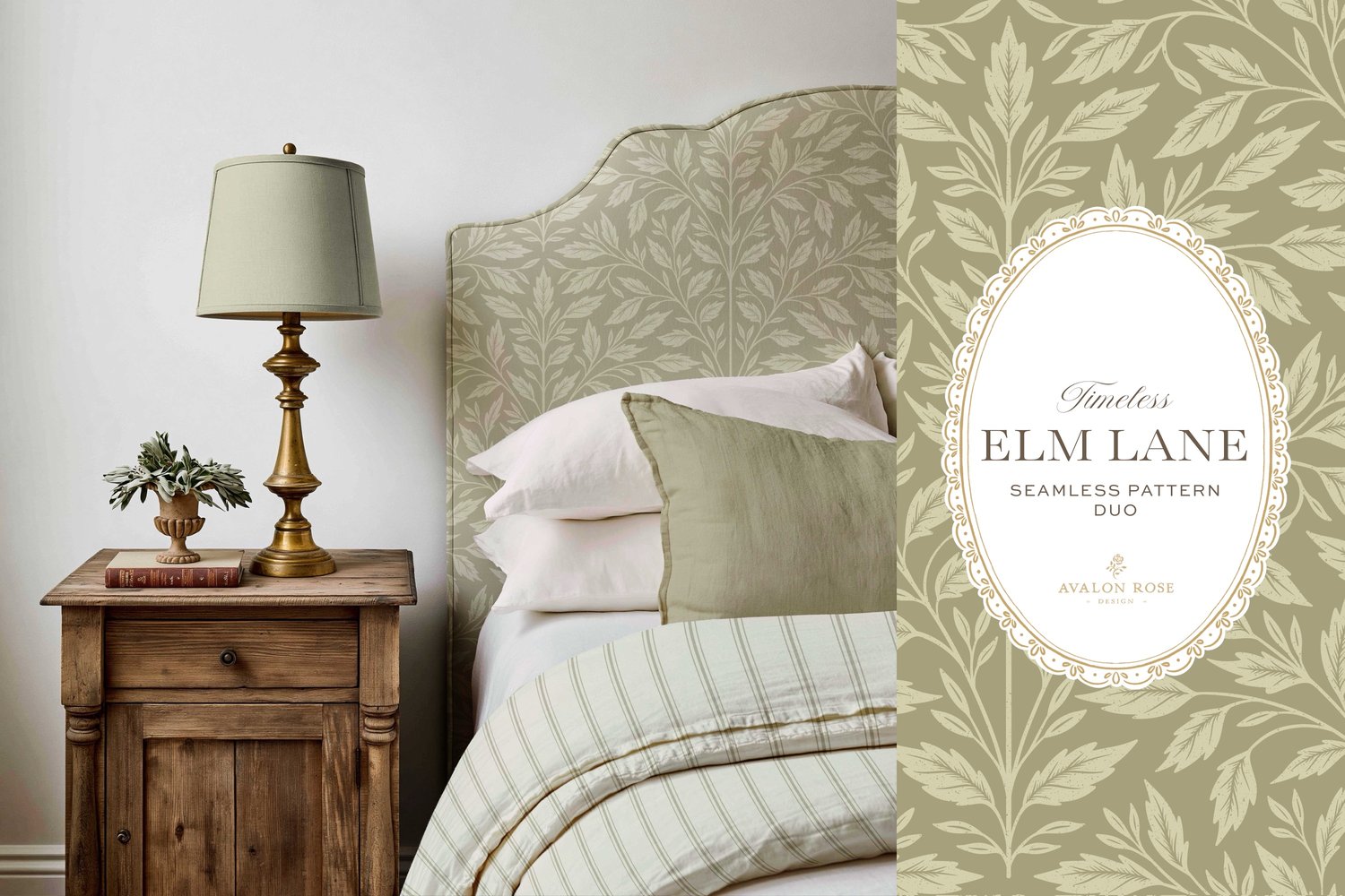 Vintage-inspired seamless surface pattern featuring hand drawn leaves in a traditional damask style with a matching stripe pattern. Light fern green.