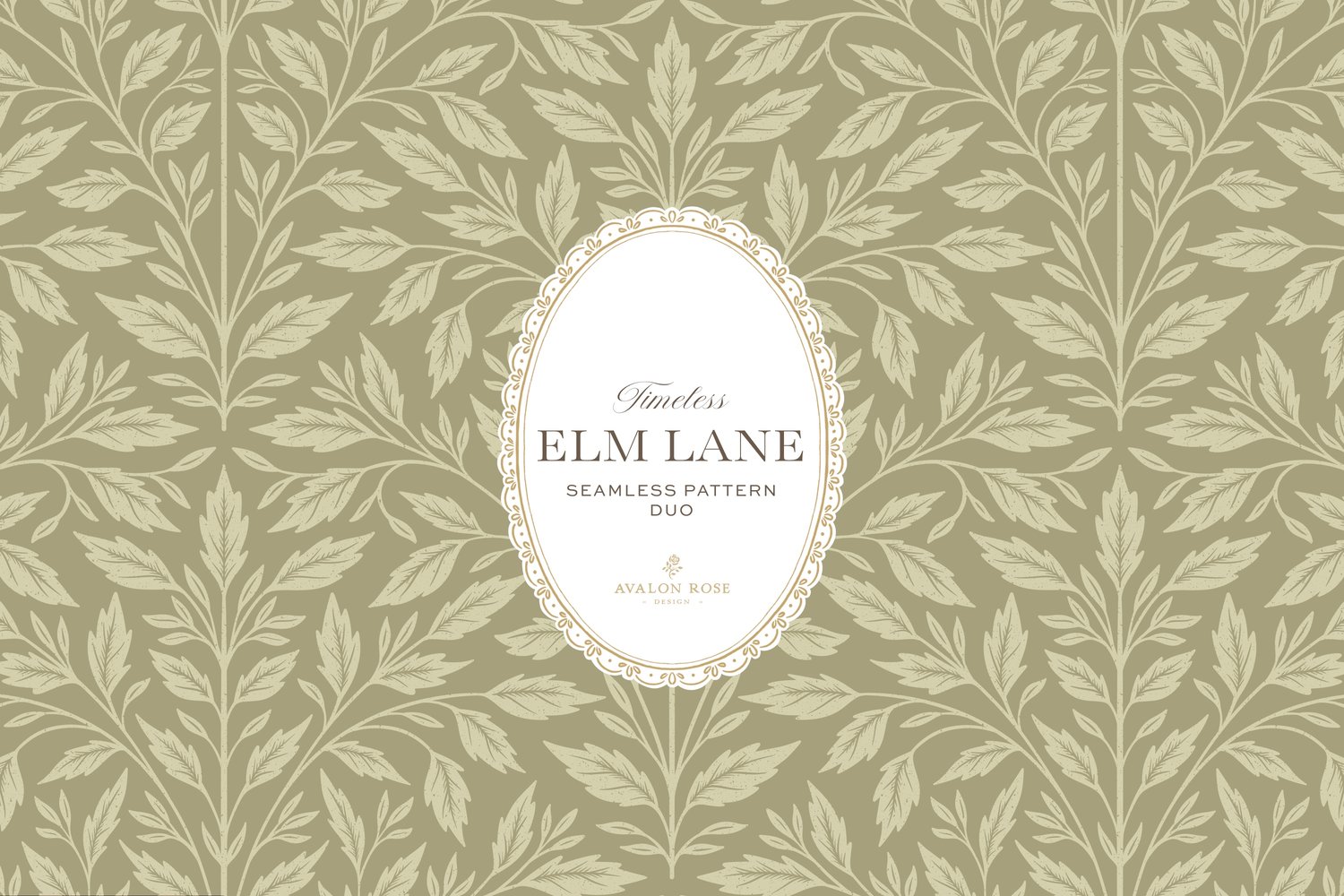 Vintage-inspired seamless surface pattern featuring hand drawn leaves in a traditional damask style with a matching stripe pattern. Light fern green.